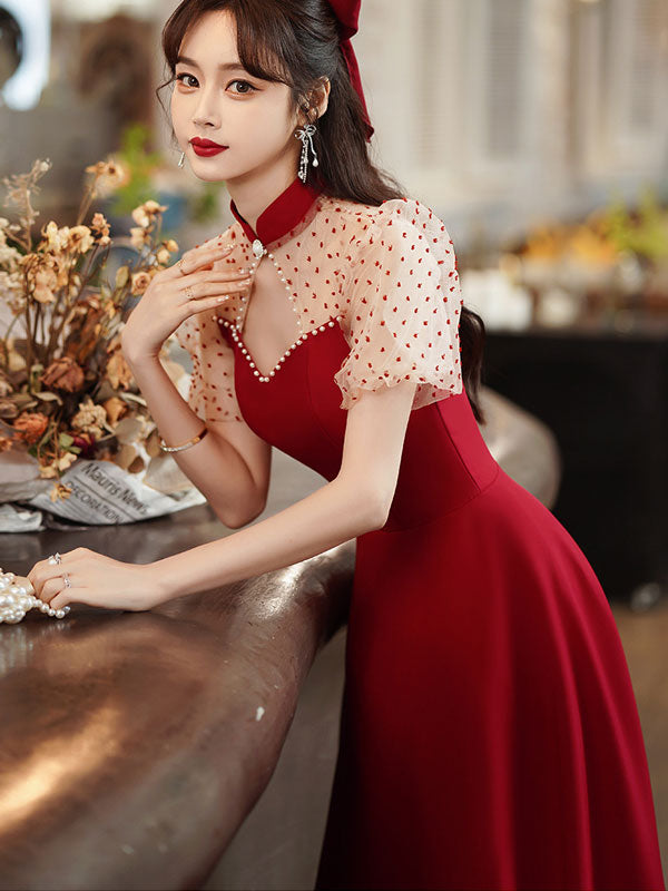 Elegant Cutout A-Line Puff Sleeve Mid-Length Wedding Cheongsam Qipao Dress for Bridal Shower, Tea Ceremony & Vintage-Themed Weddings