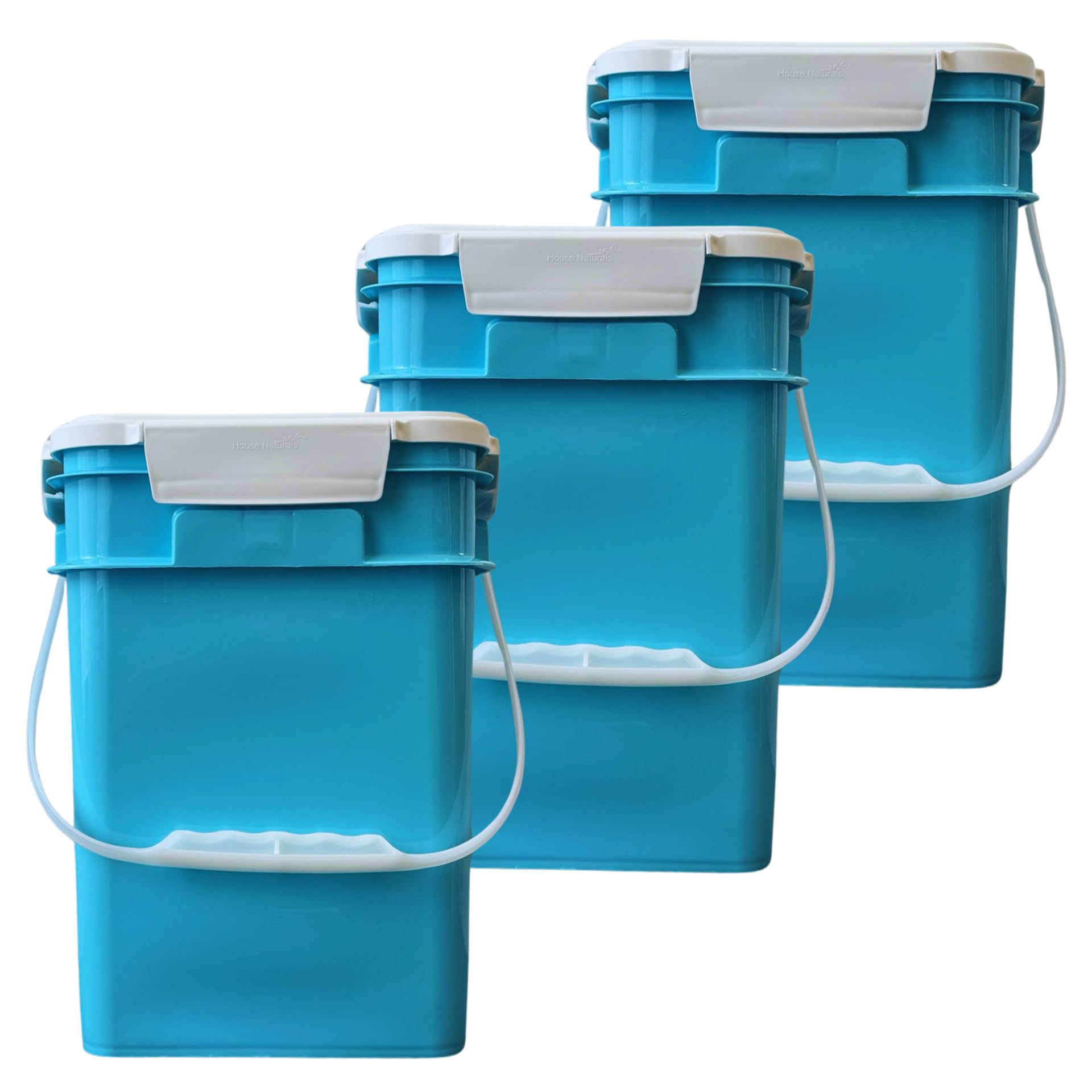 House Naturals 4 Gallon Square Food Grade Bucket with Lid and Handle - BPA Free Plastic Storage Containers (Pack of 3, Aqua-White) - Made in USA - Perfect for Food Storage, Home Organization, and DIY Projects