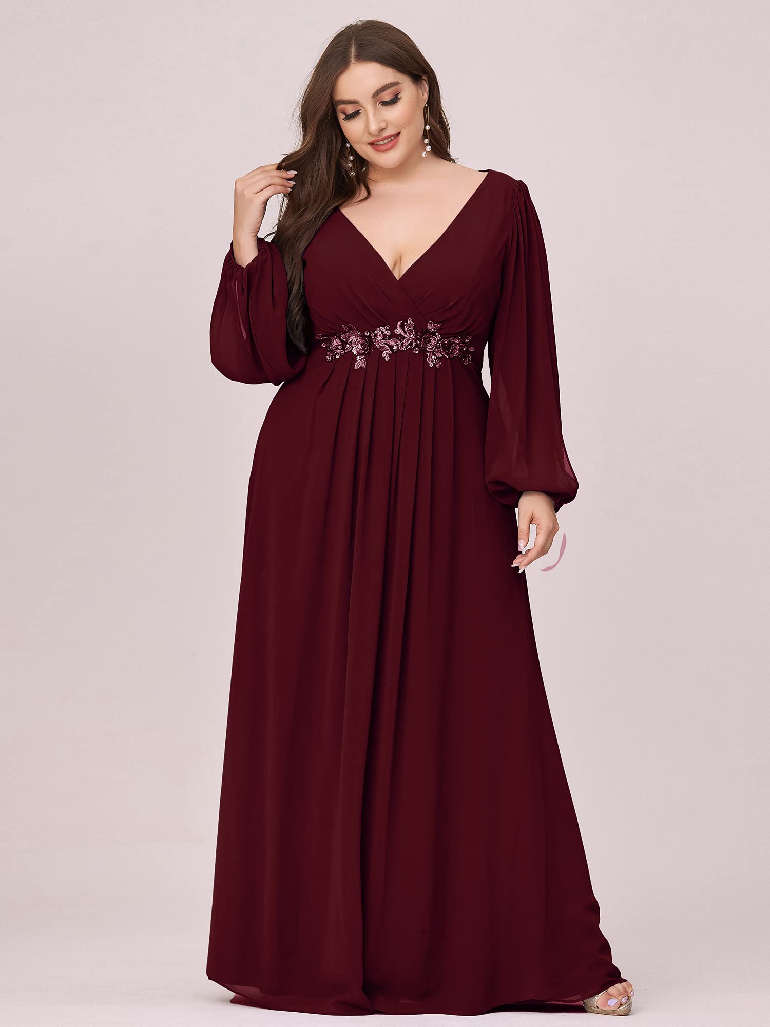 Ever-Pretty Plus Size Formal Dresses for Women - V Neck Floor Length Lantern Sleeve Floral Applique Evening Gown for Curvy Women | Perfect for Weddings, Proms & Special Occasions