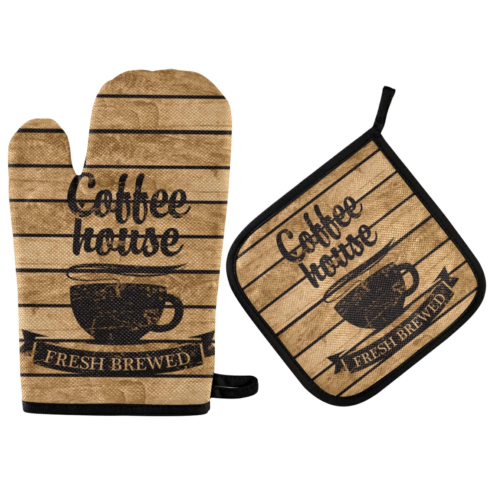 Vintage Coffee Themed Oven Mitts and Pot Holders Set - 2PCS Heat Resistant Kitchen Gloves with Wooden Board for Baking, Cooking, BBQ - Perfect for Spring Seasonal Decor & Cafe Style Kitchen Accessories
