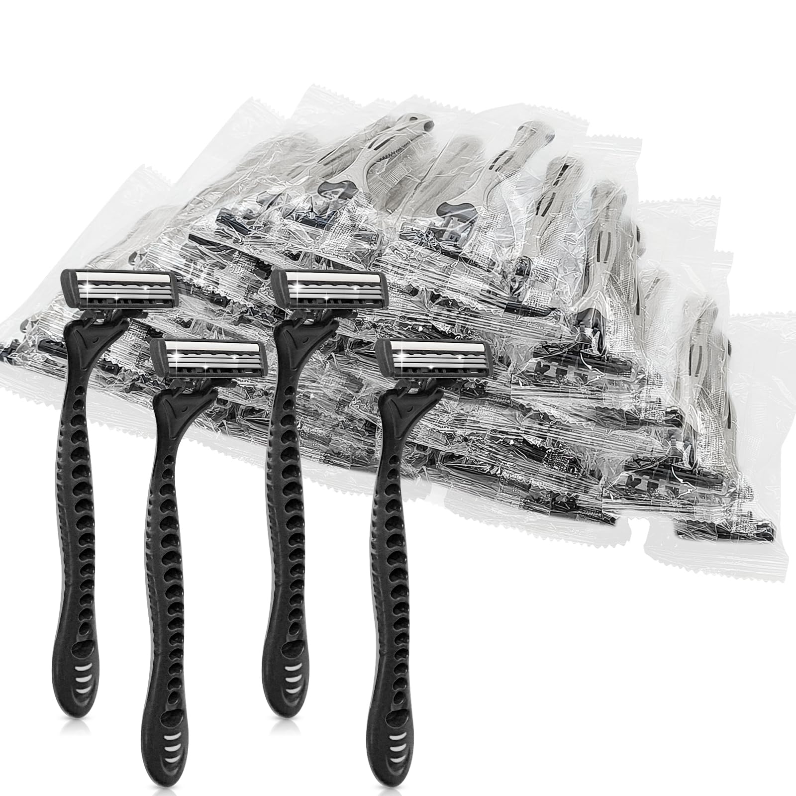 200 Pack Kheoxusa 3-Blade Disposable Razors - Individually Wrapped Triple Blade Shavers for Men & Women | Perfect for Travel, Hotels, Airbnb, Tattoo Shops & Personal Grooming | Grey Black Design