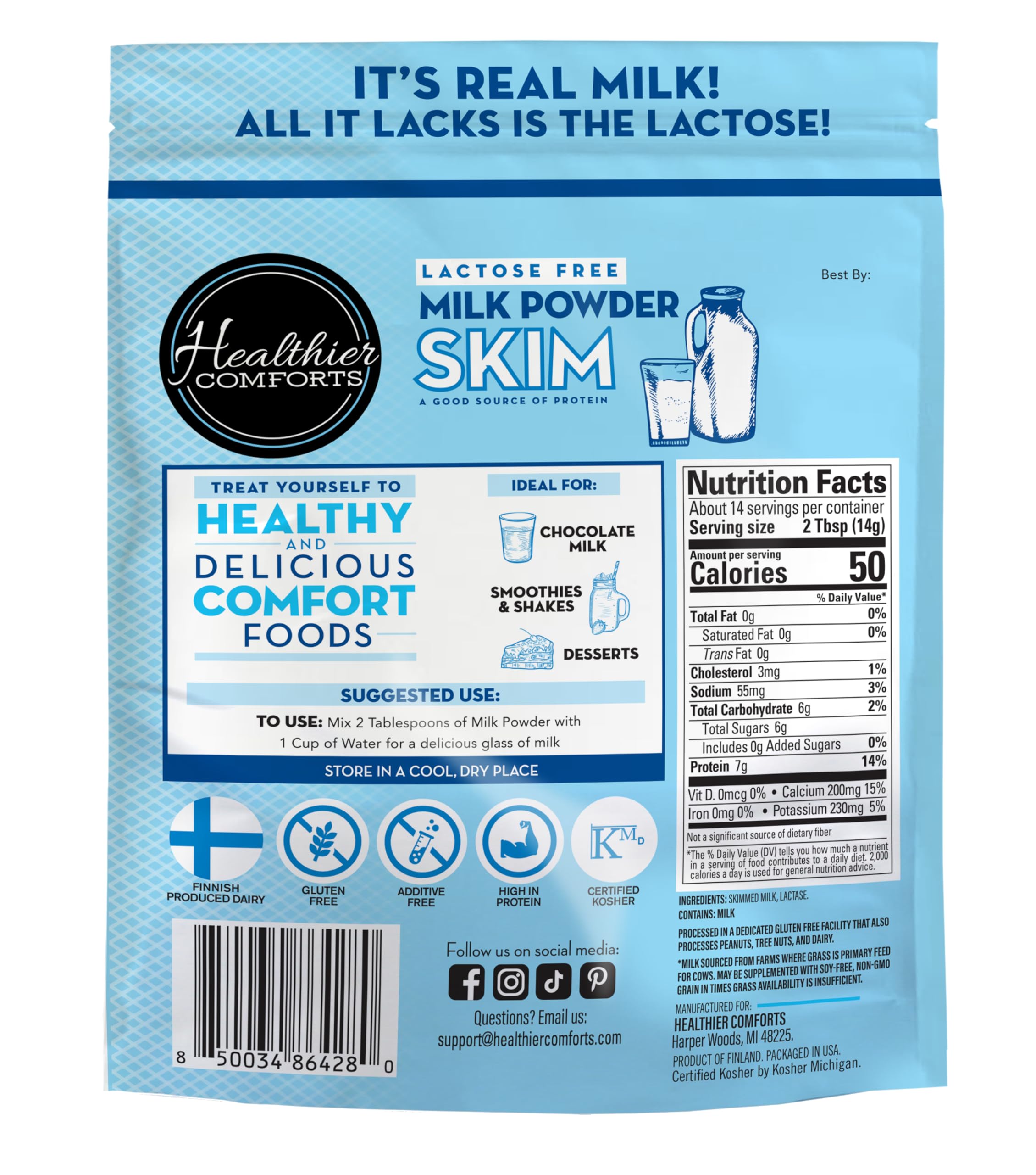 Lactose Free Skim Milk Powder - High Protein, Fat Free, Non-GMO, rBST Hormone Free, Kosher, Gluten Free | Perfect for Baking, Coffee Creamer, Protein Shakes & Smoothies | Makes 14 Cups (7 oz) | Healthy Dairy Alternative for Weight Loss & Fitness