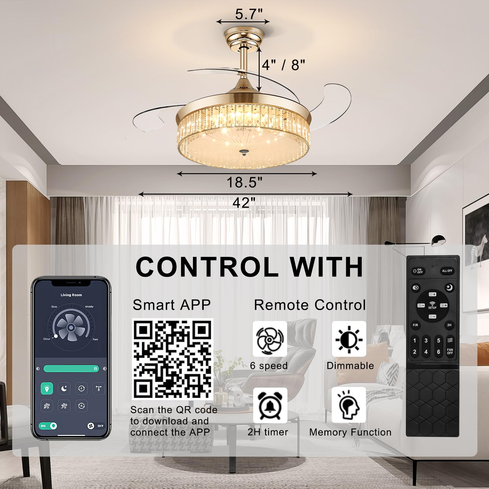 Ohniyou 42 Inch Retractable Ceiling Fan with Lights Remote Control, Crystal Chandelier Ceiling Light Fixture, Dimmable Fandelier for Bedroom Living Room Dining Room Indoor Use (Gold) - Perfect for Home Cooling and Stylish Lighting Decor