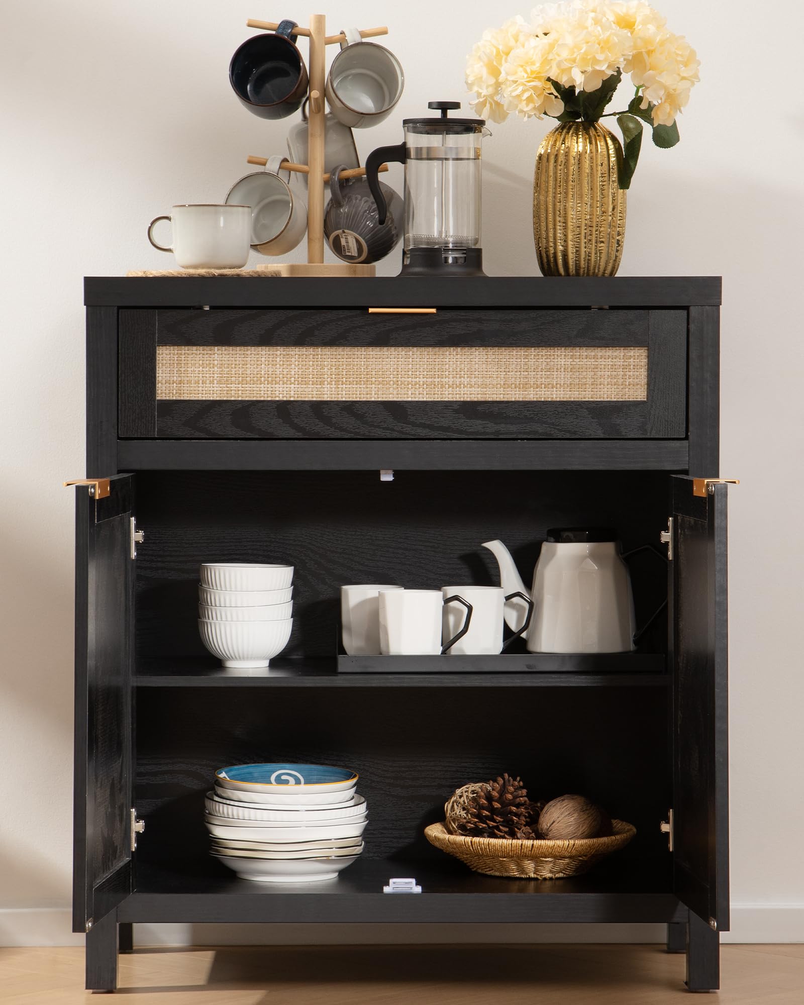 SICOTAS Modern Rattan Sideboard Buffet Cabinet with Doors & Drawer - Entryway Storage, Living Room Console Table, Coffee Bar Organizer - Black Accent Furniture for Home Decor