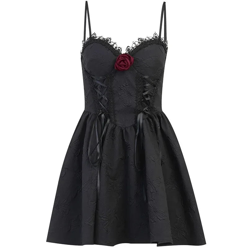 Black Jacquard Cami Dress for Women - Gothic Lolita V-Neck Bandage Mini Dress | Perfect for Halloween, Cosplay & Night Out Parties