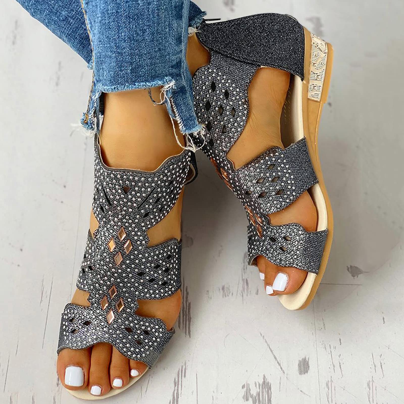 COOKI Women's Summer Sandals - Casual Roman Zipper Hollow Out Wedge Flat Sandals for Women | Comfortable Beach Walking, Vacation Outfits & Daily Wear