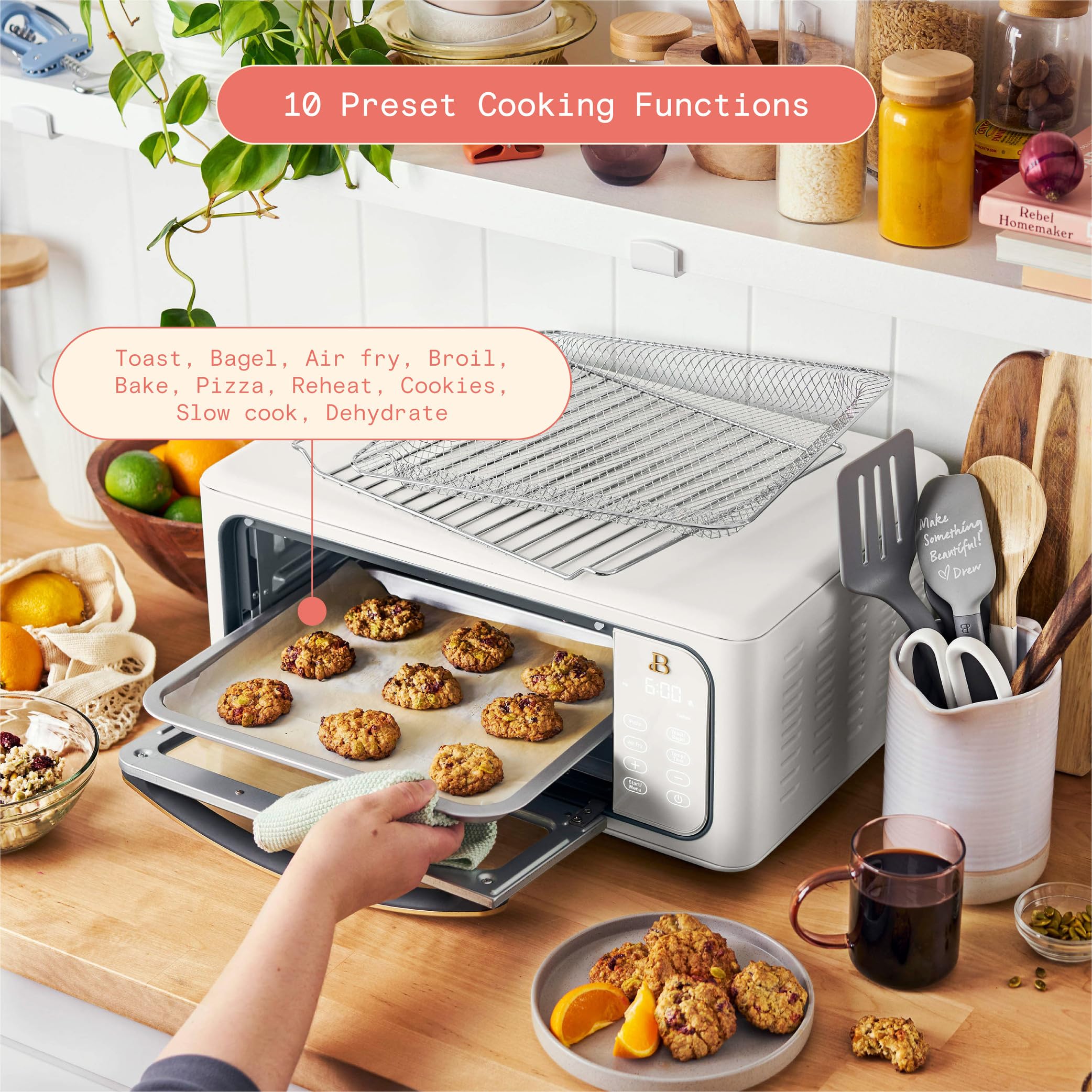 1800W Air Fry Toaster Oven with 9-Slice Capacity - White Icing by Drew Barrymore | Perfect for Baking, Roasting & Air Frying | Ideal for Small Kitchens & Quick Meals