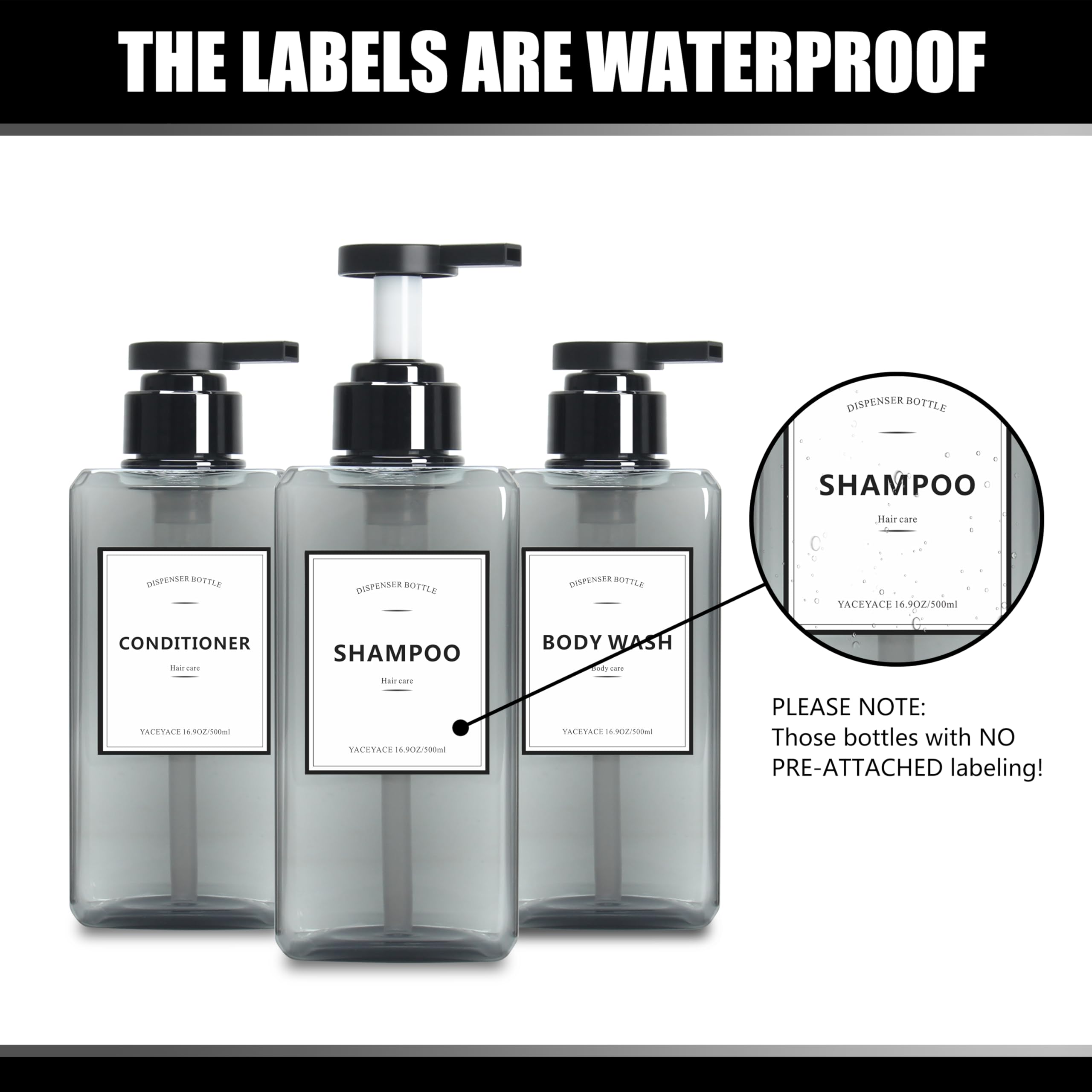 YACEYACE 16.9oz Clear Grey Soap Dispenser Set of 3 - Refillable Kitchen & Bathroom Pump Bottles for Liquid Soap, Shampoo & Lotion - Perfect for Countertop Organization & Home Decor