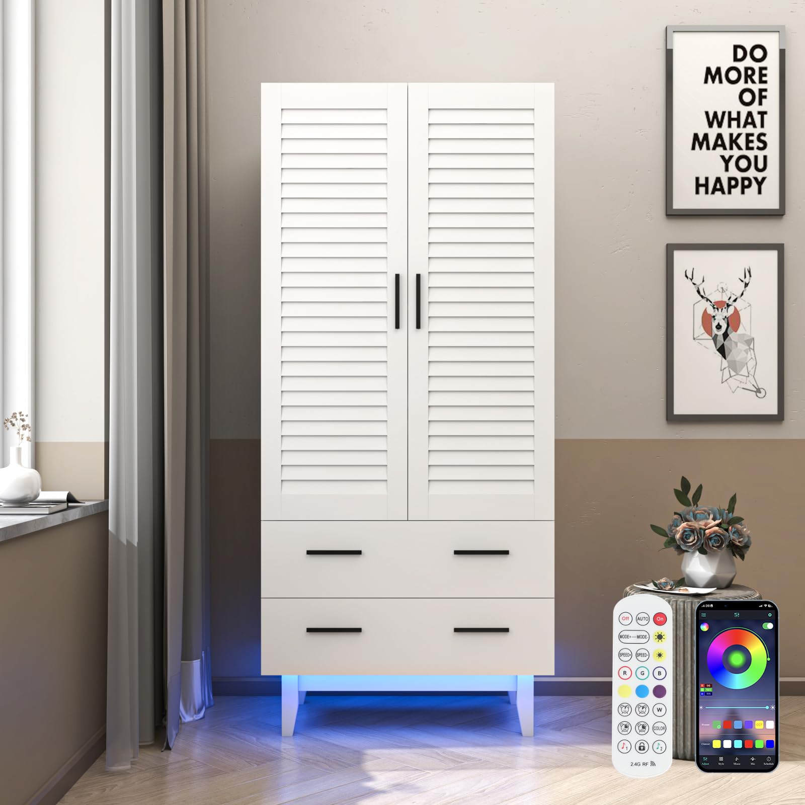 2 Door Armoire Wardrobe Closet Cabinet with Drawers, LED Lights & Hanging Rod - Multi-Tier Shelves, Large Capacity Storage for Bedroom (White) | Perfect for Organizing Clothes, Shoes & Accessories in Master Bedroom, Guest Room or Dormitory