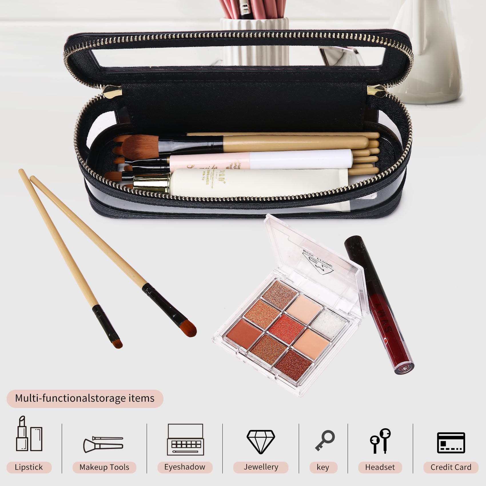 Travel Makeup Brush Case - Slim Clear Zipper Cosmetic Bag for Women | Perfect for On-the-Go & Car Essentials (Black)