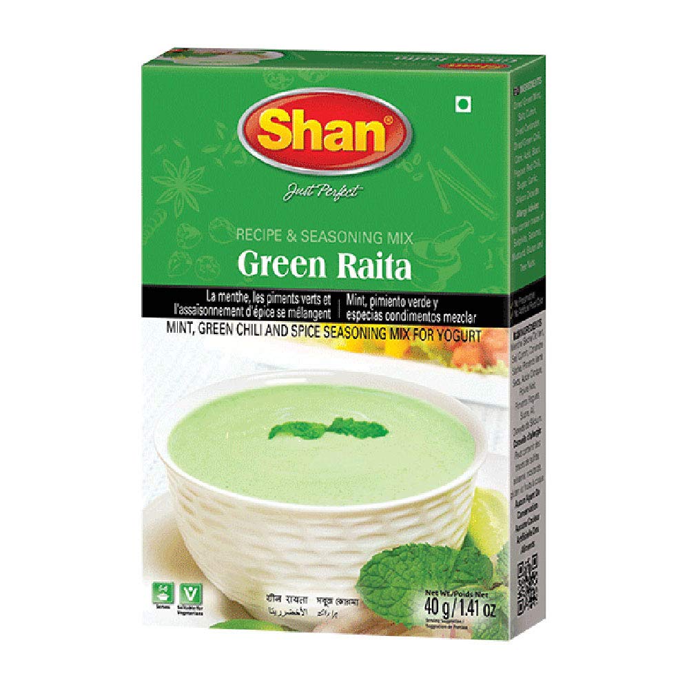 Shan Green Raita Seasoning Mix 1.41 oz (40g) - Mint, Green Chili & Spice Powder for Yogurt Dips & Salads - Vegetarian Friendly - Airtight Resealable Packaging - Perfect for Indian Cuisine, Party Snacks & Healthy Eating