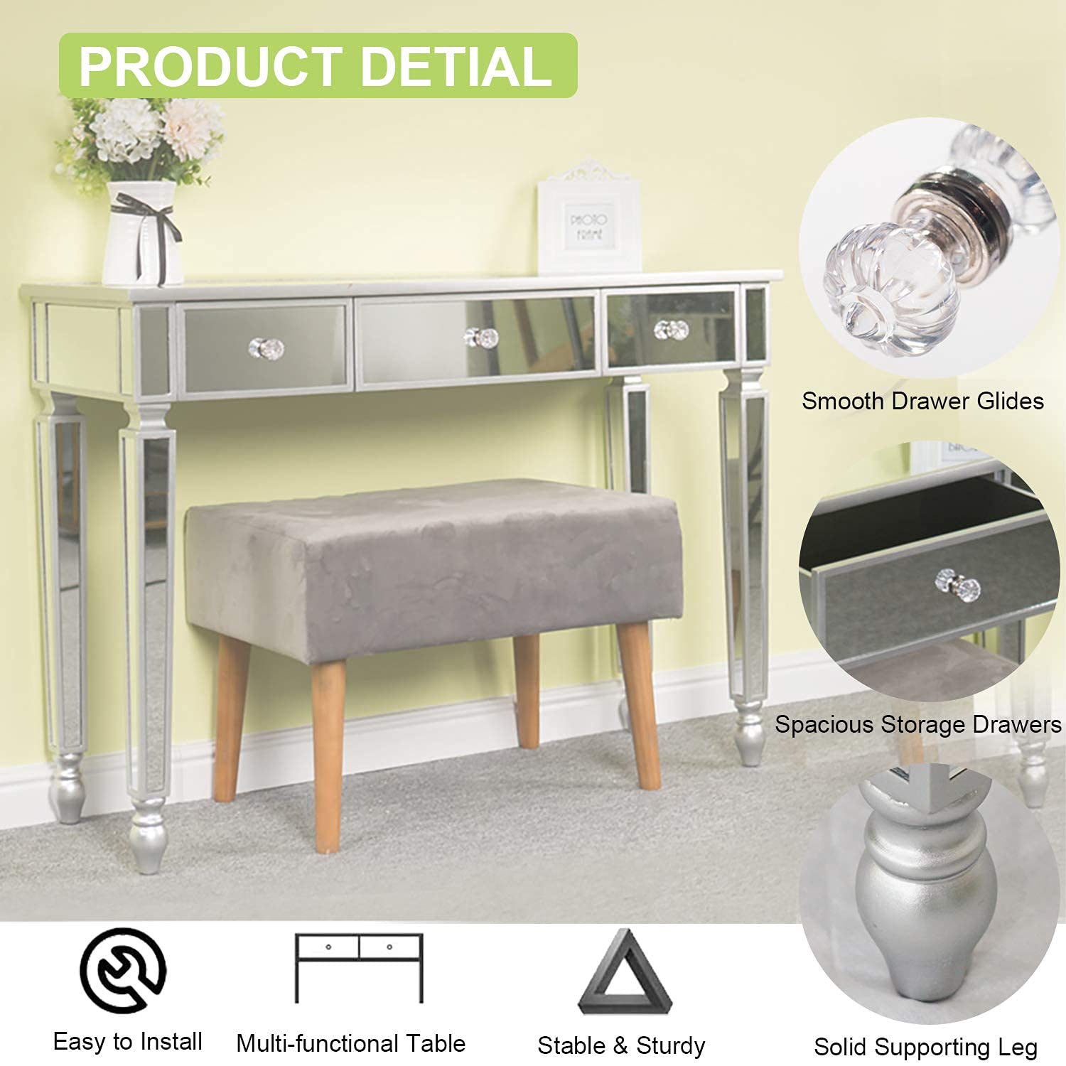 Modern Mirrored Console Table with 3 Sliding Drawers - Sofa Table, Vanity Desk & Writing Desk for Bedroom, Bathroom & Living Room | Silver Finish | Perfect for Makeup, Dressing & Home Decor