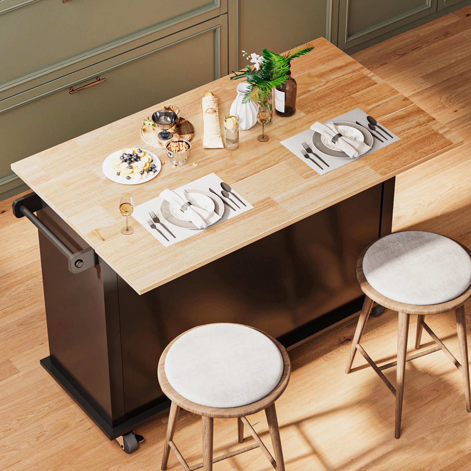 Rolling Kitchen Island with Drop Leaf - Mobile Kitchen Cart with Storage, Towel Rack & Drawers - Versatile Island Table for Small Kitchens, Dining Rooms & Apartments (Black) | Perfect for Extra Counter Space, Food Prep & Entertaining Guests