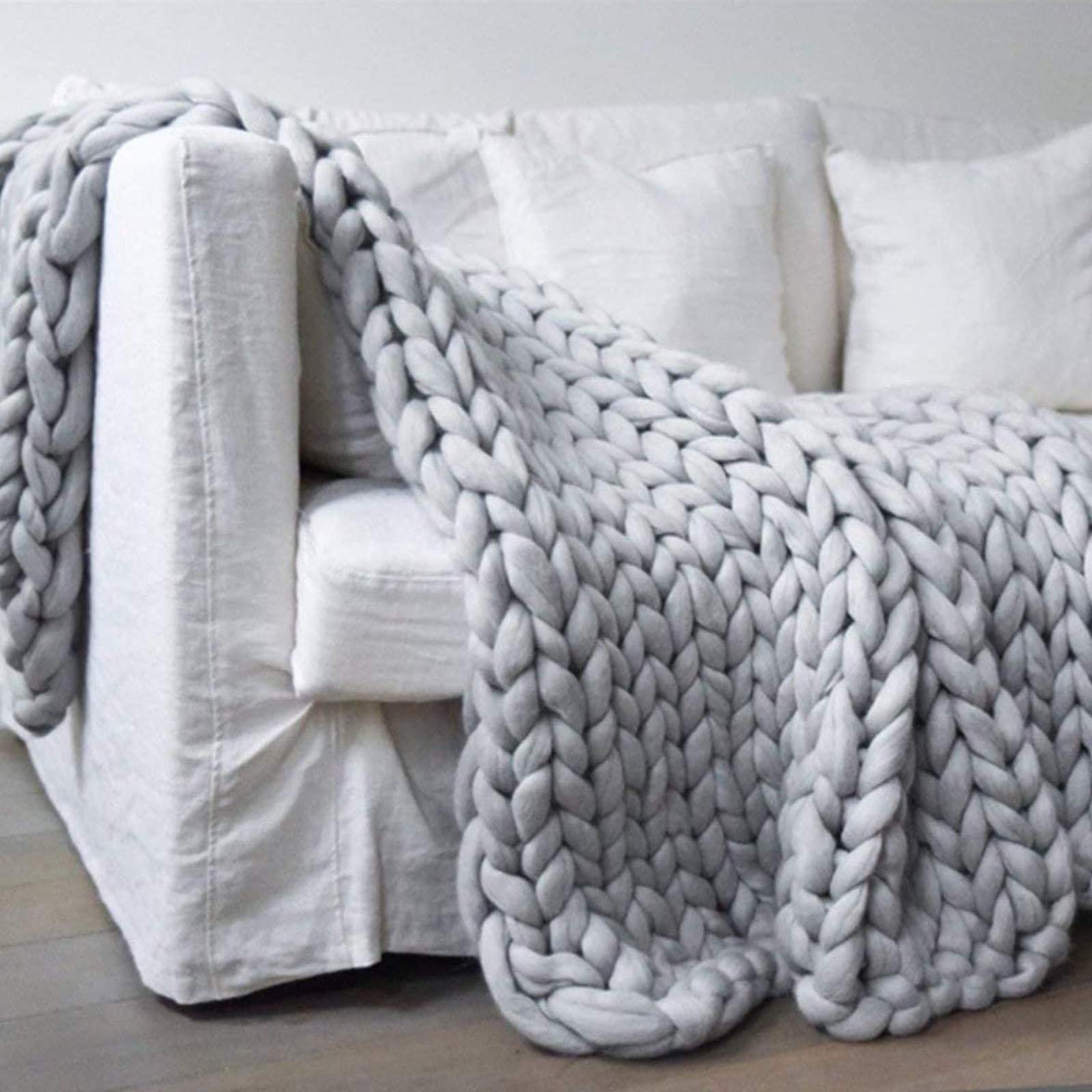 Chunky Knit Blanket Throw - Light Gray Handmade Soft Bulky Knitted Roving Blanket (40x80