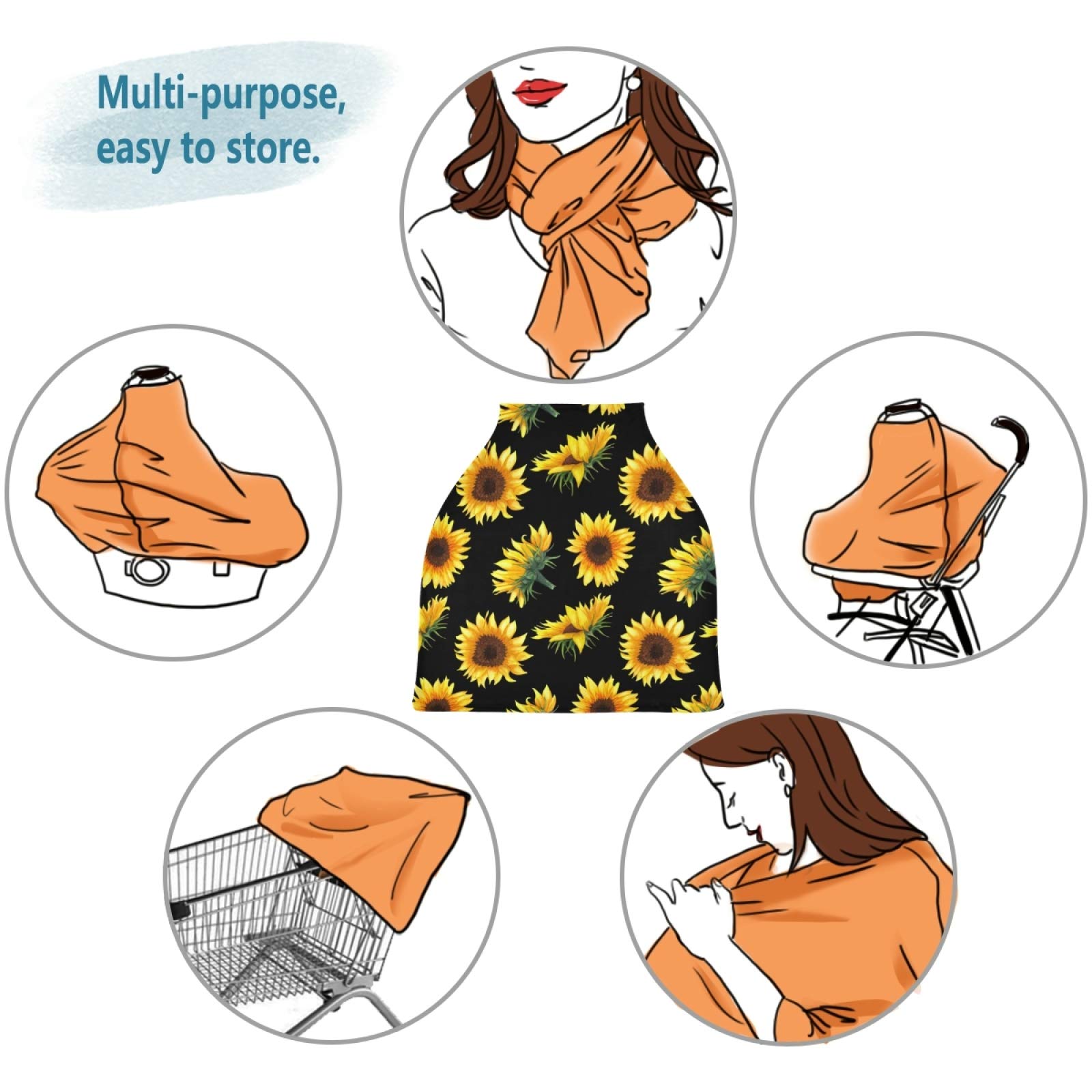 Stretchy Baby Car Seat Cover for Boys & Girls - Sunflower Floral Yellow Infant Car Canopy, Nursing Cover & Breastfeeding Scarf - Perfect for Travel, Shopping & Outdoor Protection