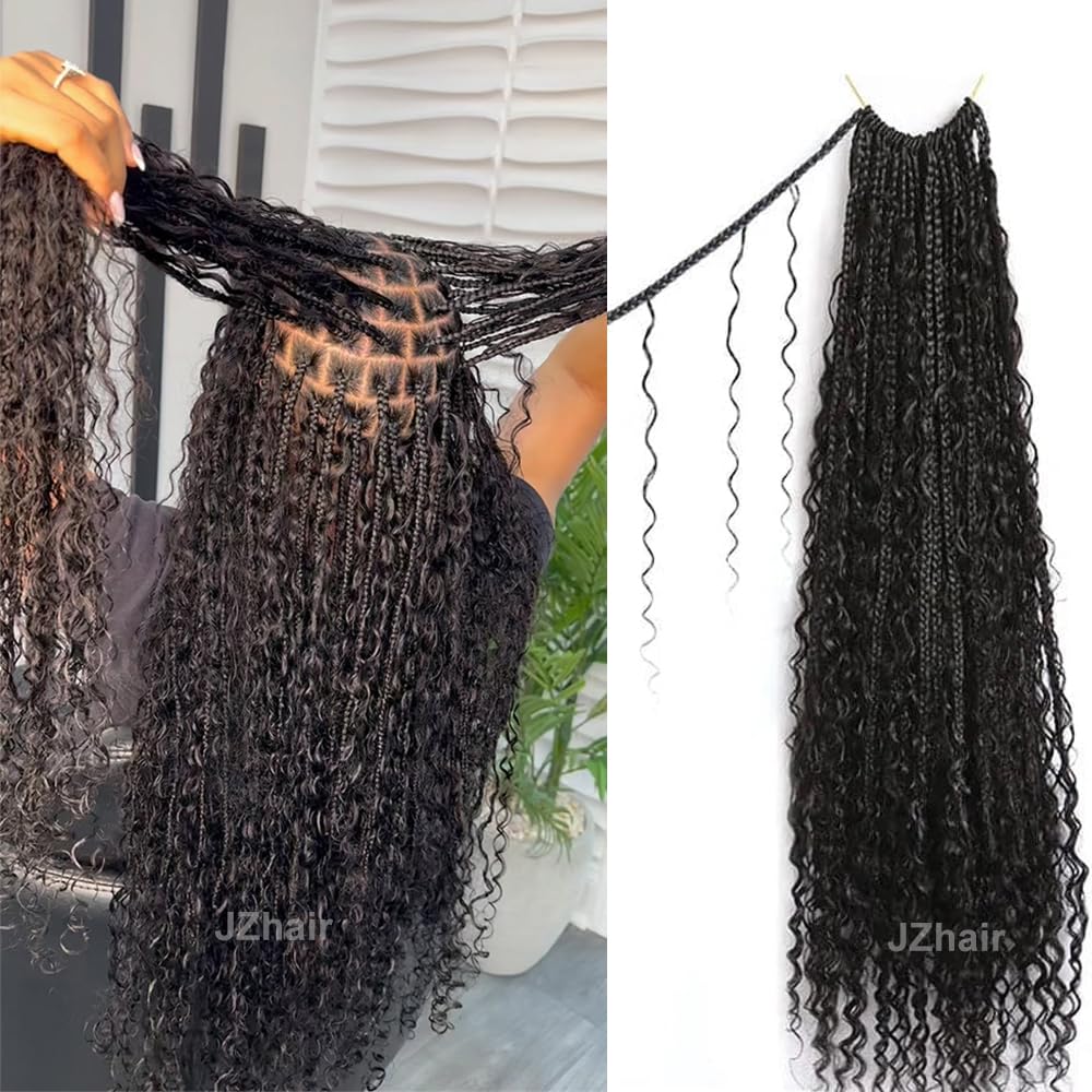 Pre-Looped Crochet Boho Box Braids with Human Hair Curls - 18 Inch Natural Color Hair Extensions for Women (2 Pack, 80 Strands) - Perfect for Protective Styling, Everyday Wear & Special Occasions
