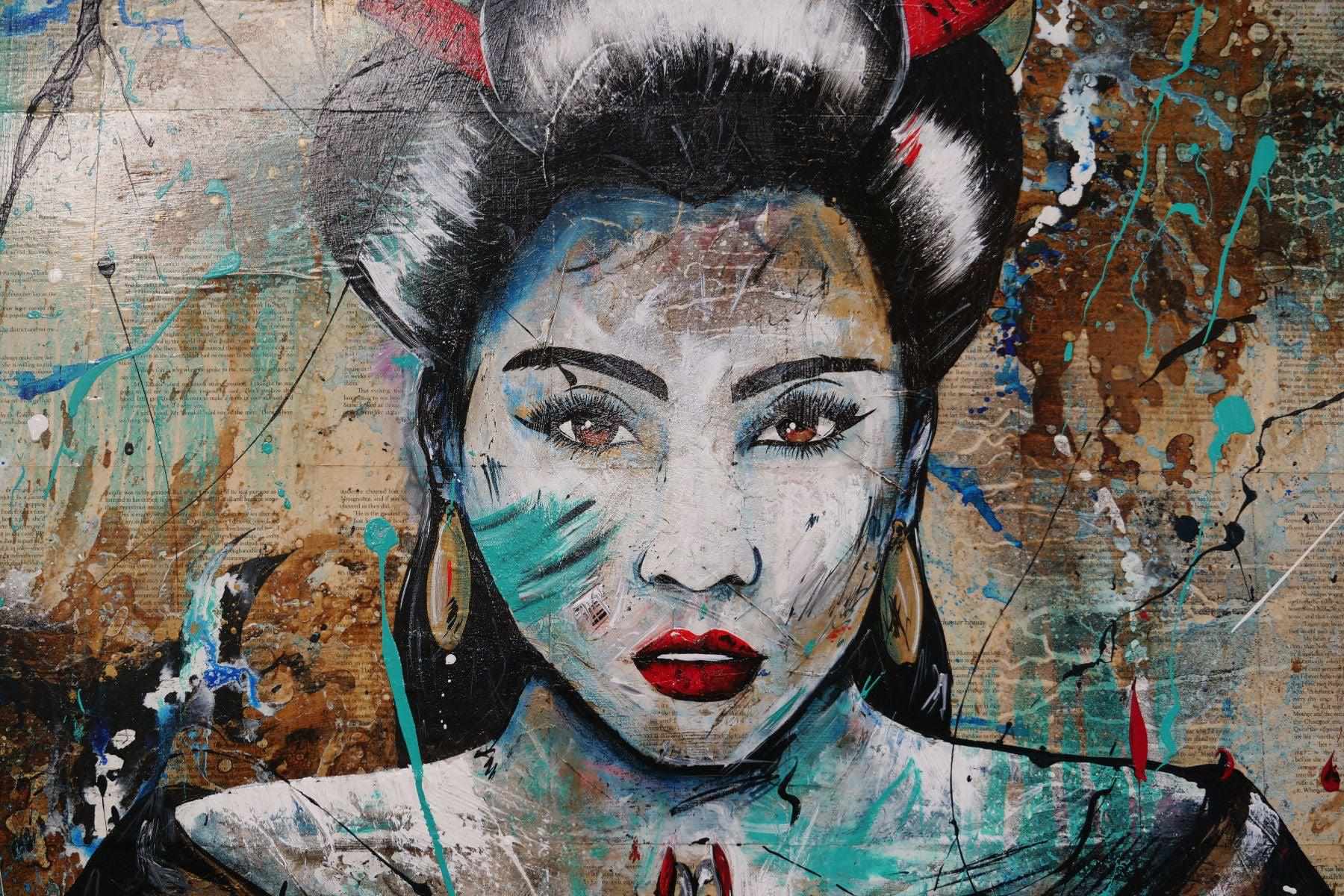 140cm x 100cm Hisui Jade Geisha Urban Pop Art Painting - Modern Home Decor for Living Room, Bedroom & Office - Perfect Gift for Book Club Members & Art Lovers