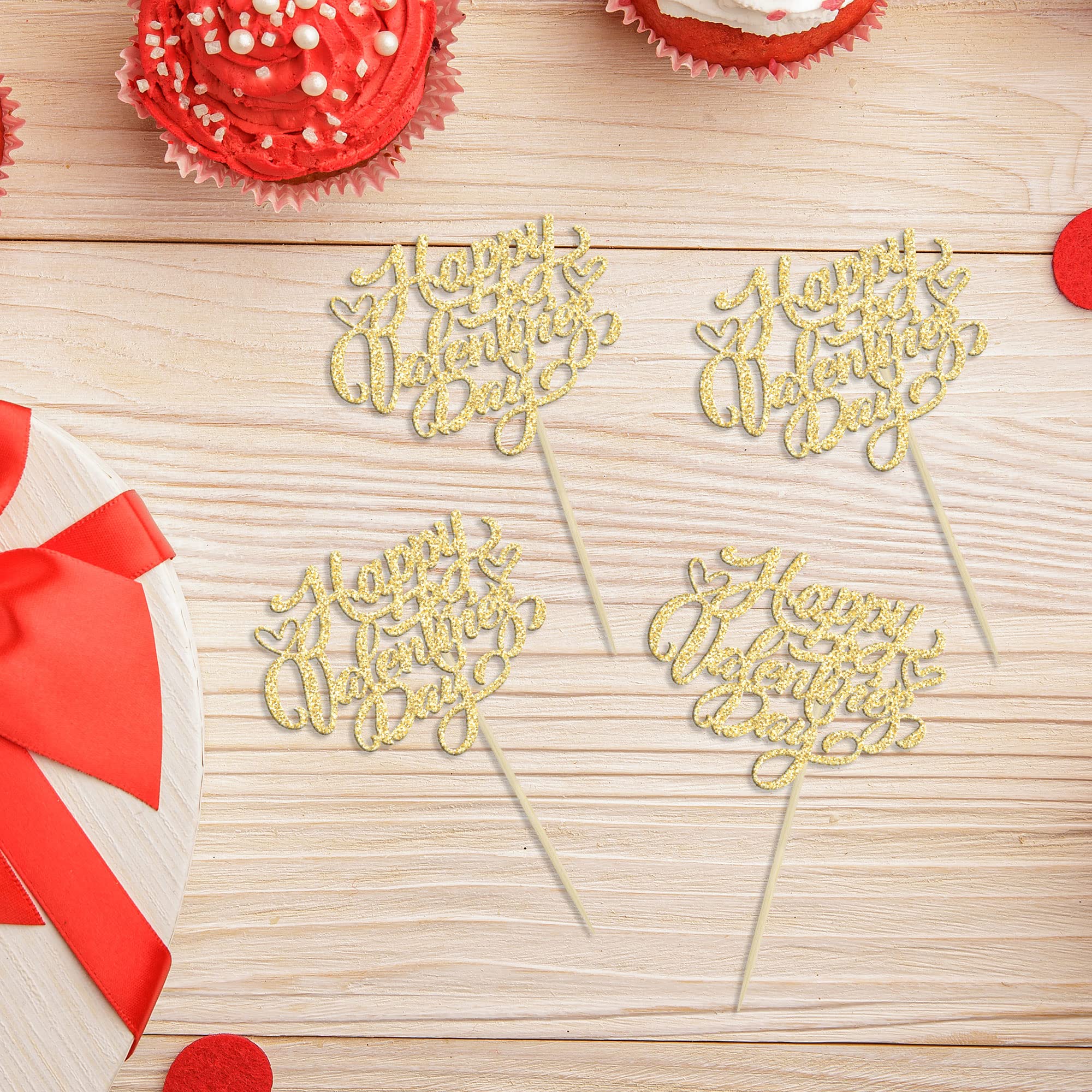 24Pcs Valentine's Day Cupcake Toppers - Glitter Sweet Love Be Mine Cake Decorations for Valentine's Party, Birthday, Anniversary & Romantic Celebrations - Gold Heart Picks for Cupcakes, Cakes & Desserts