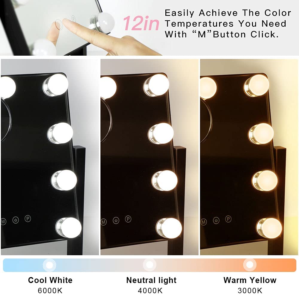 Hollywood Vanity Mirror with LED Lights - 14x12 Inch Makeup Mirror with 9 Dimmable Bulbs, Touch Control, 3 Lighting Modes, 10X Magnification & 360° Rotation - Perfect for Makeup, Skincare & Hairstyling (Black, 35x30 cm)