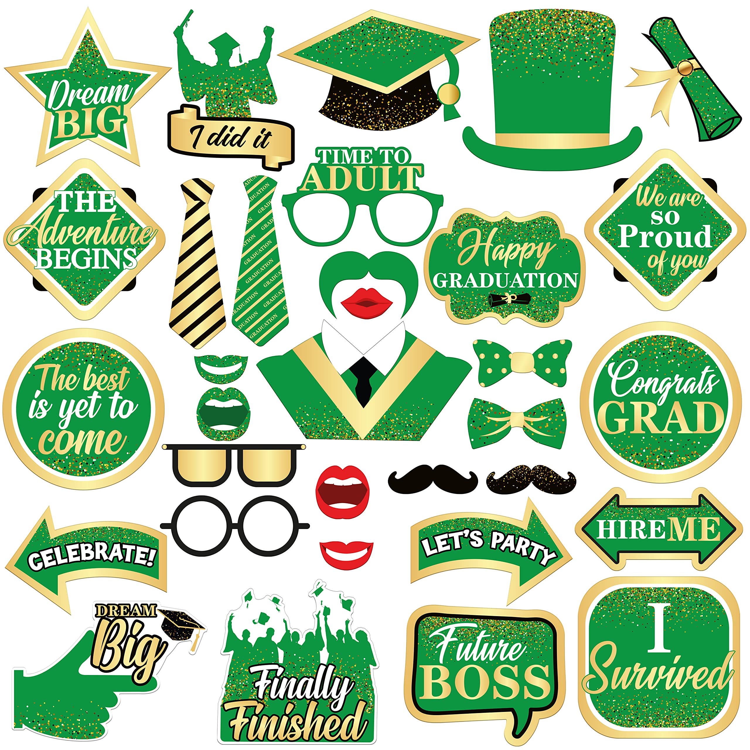 KatchOn Graduation Photo Booth Props 2023 - Pack of 33 Pieces | Class of 2023 Graduation Party Decorations & Photoshoot Accessories | Green Graduation Theme Supplies | Perfect for Graduation Parties, School Events & Photo Booths