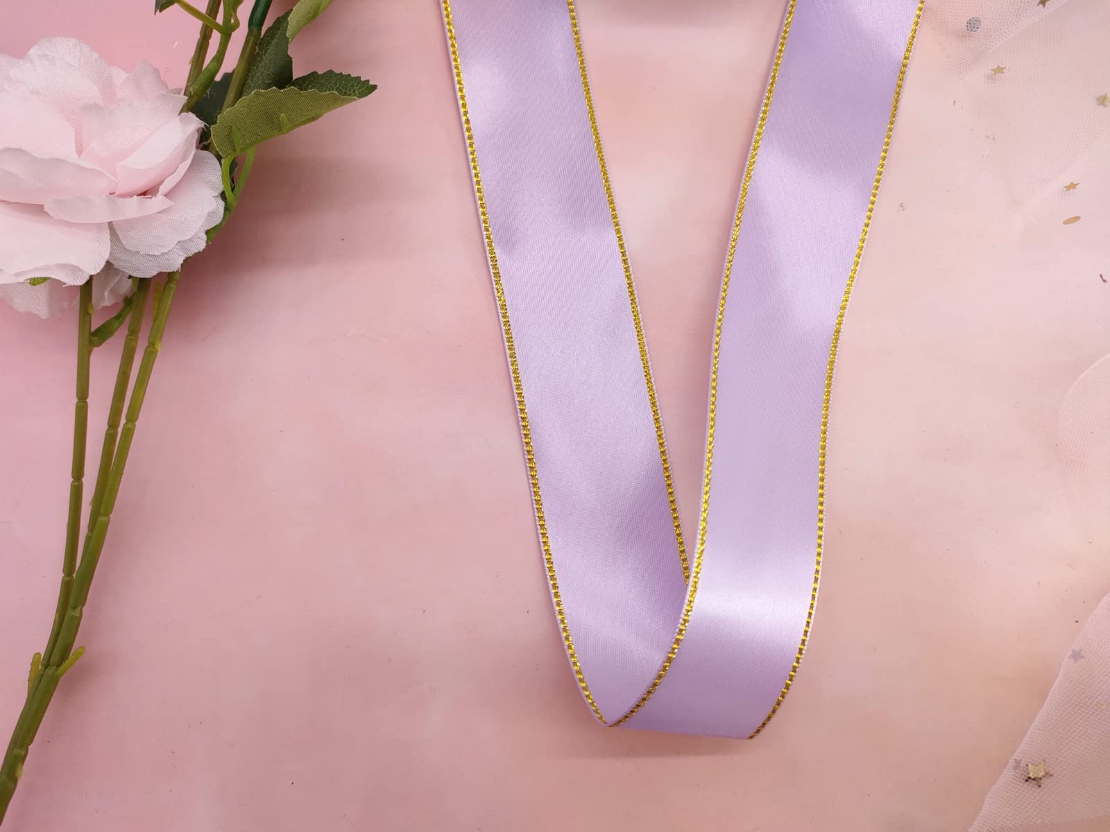 1 1/2 Inch Wide Lavender Satin Ribbon with Gold Edge - 25 Yards Continuous Roll - Double Faced Gift Wrapping Ribbon for Wedding, Baby Shower, Party Decorations & Craft Projects - Sparkly Decorative Ribbon for DIY, Gift Packaging & Event Decor