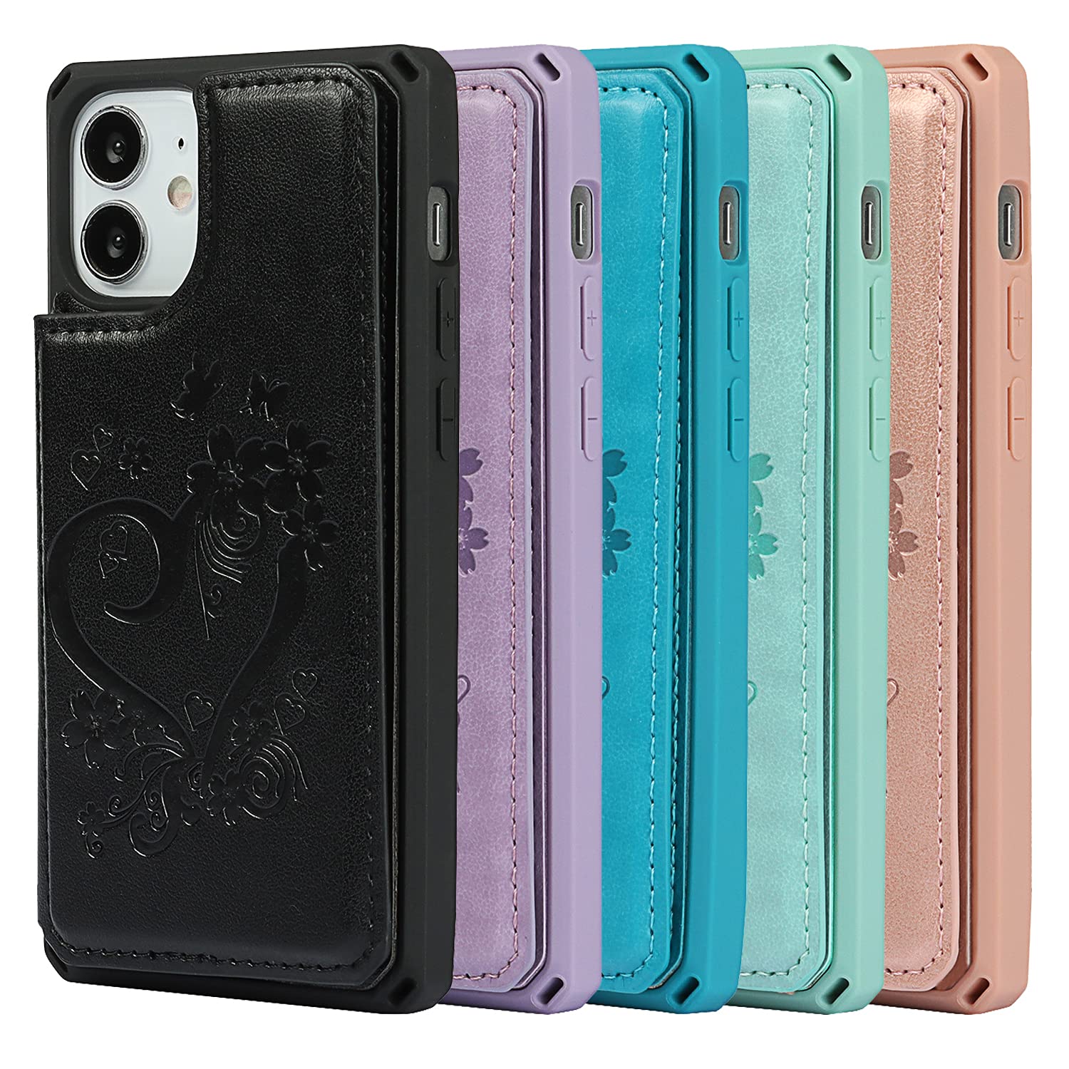 iCoverCase iPhone 12 Mini Wallet Phone Case with Card Holder - RFID Blocking PU Leather Wrist Strap Case for Women (5.4 Inch, Heart Mint) - Perfect for Everyday Use, Travel & Contactless Payments