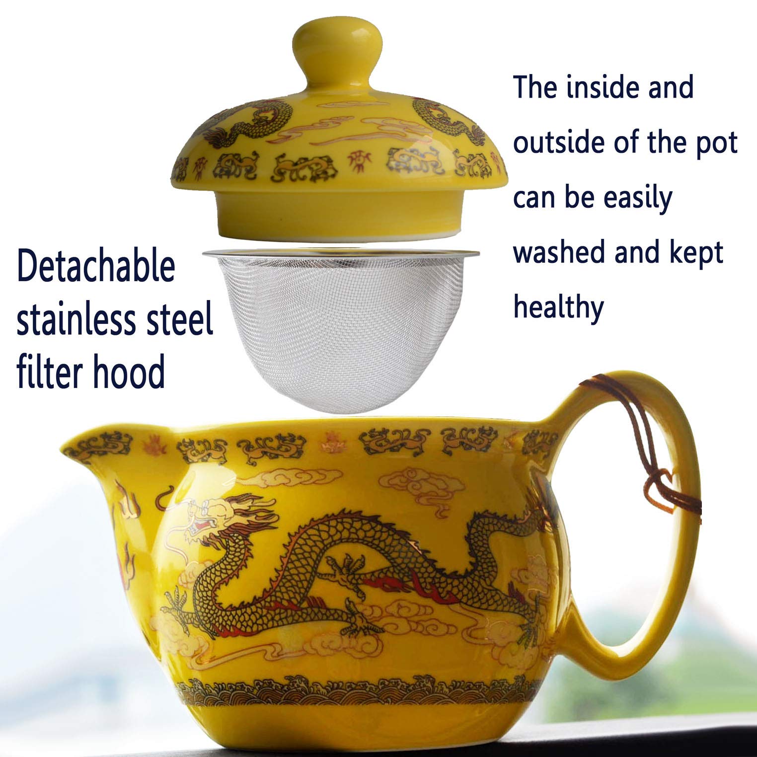 12oz Chinese Dragon Teapot with Infuser - Yellow Porcelain for Loose Tea Brewing at Home