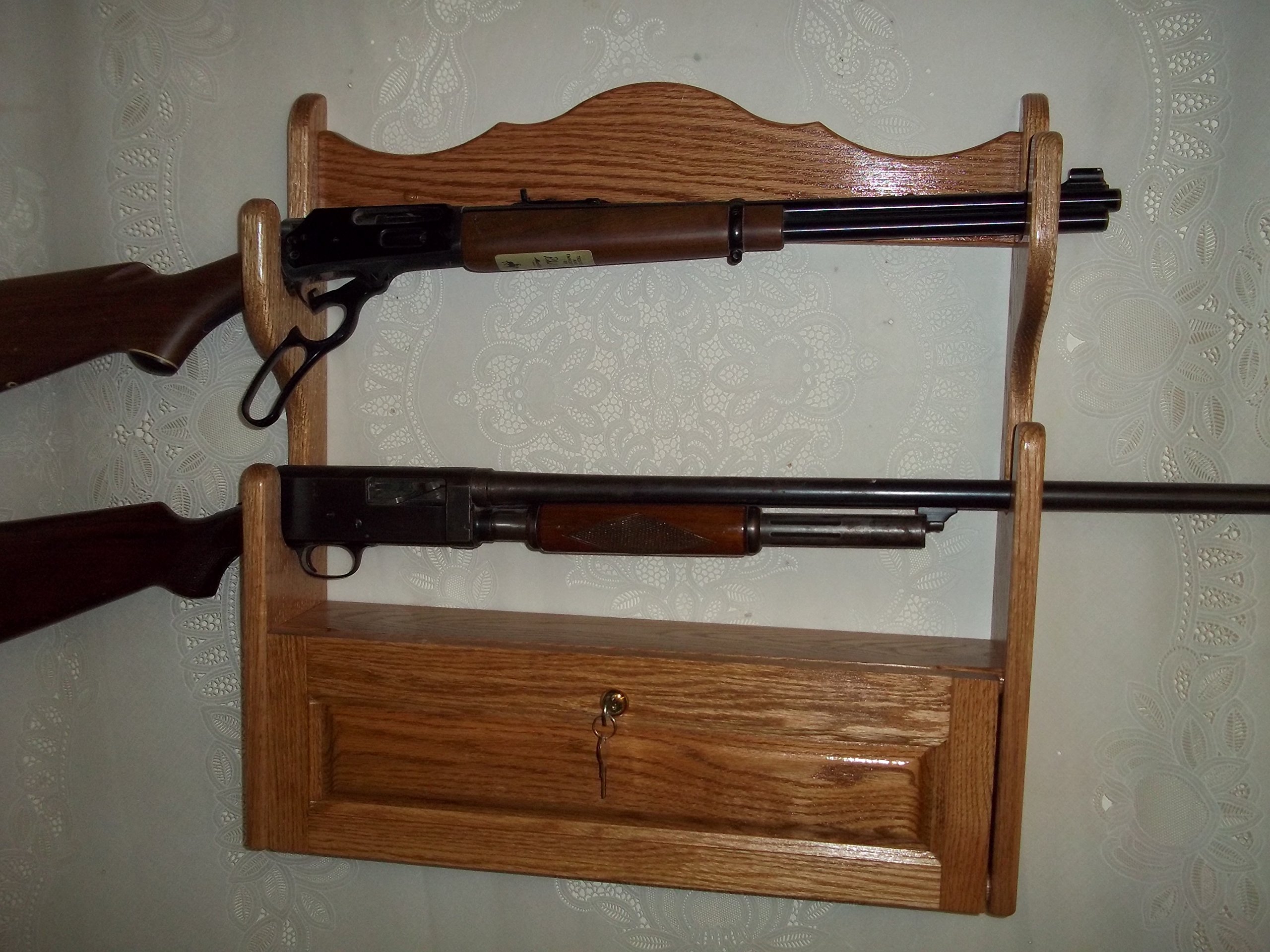 2 Gun Rack with Locking Storage Compartment - Golden Oak Finish | Secure Wall Mounted Rifle Holder for Home & Cabin Protection | Perfect for Hunting, Shooting Range & Firearm Storage