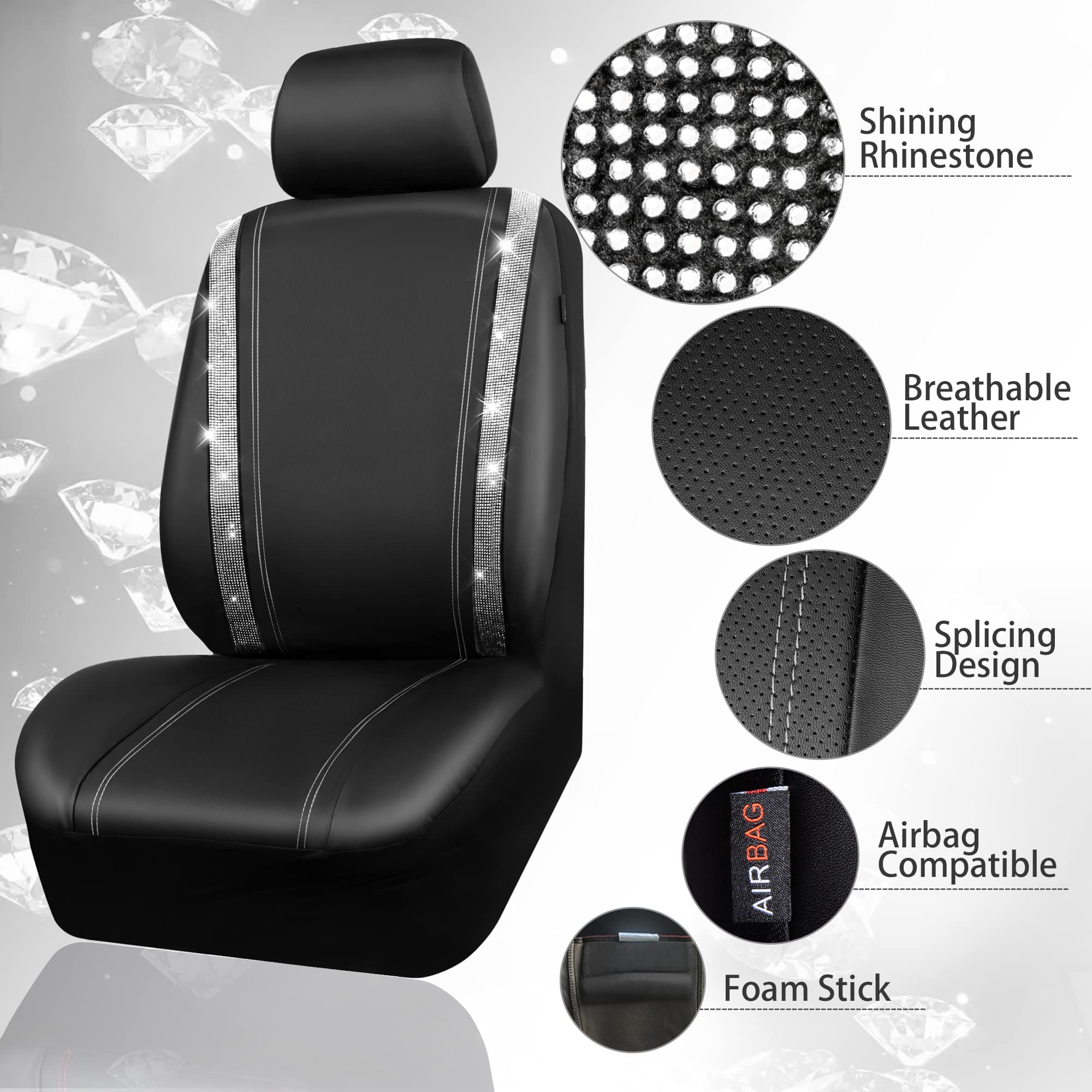Bling Diamond Leather Car Seat Covers Set (11-Piece) - Sparkly Rhinestone Steering Wheel Cover & Glitter Car Interior Accessories for Women - Luxury Car Decor for Sedan, SUV, Coupe - Perfect Gift for Her & Car Enthusiasts