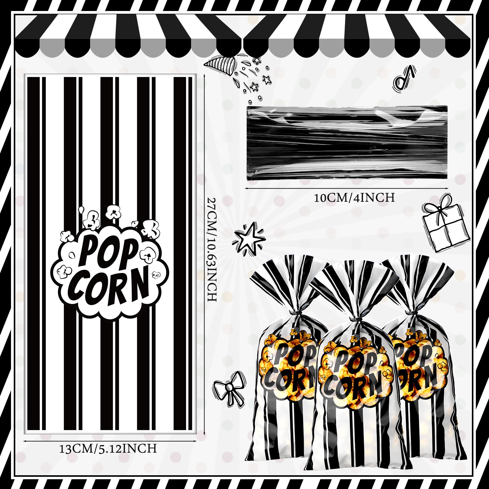 200pcs Popcorn Bags for Movie Night & Parties - Black White Stripe with Twist Ties