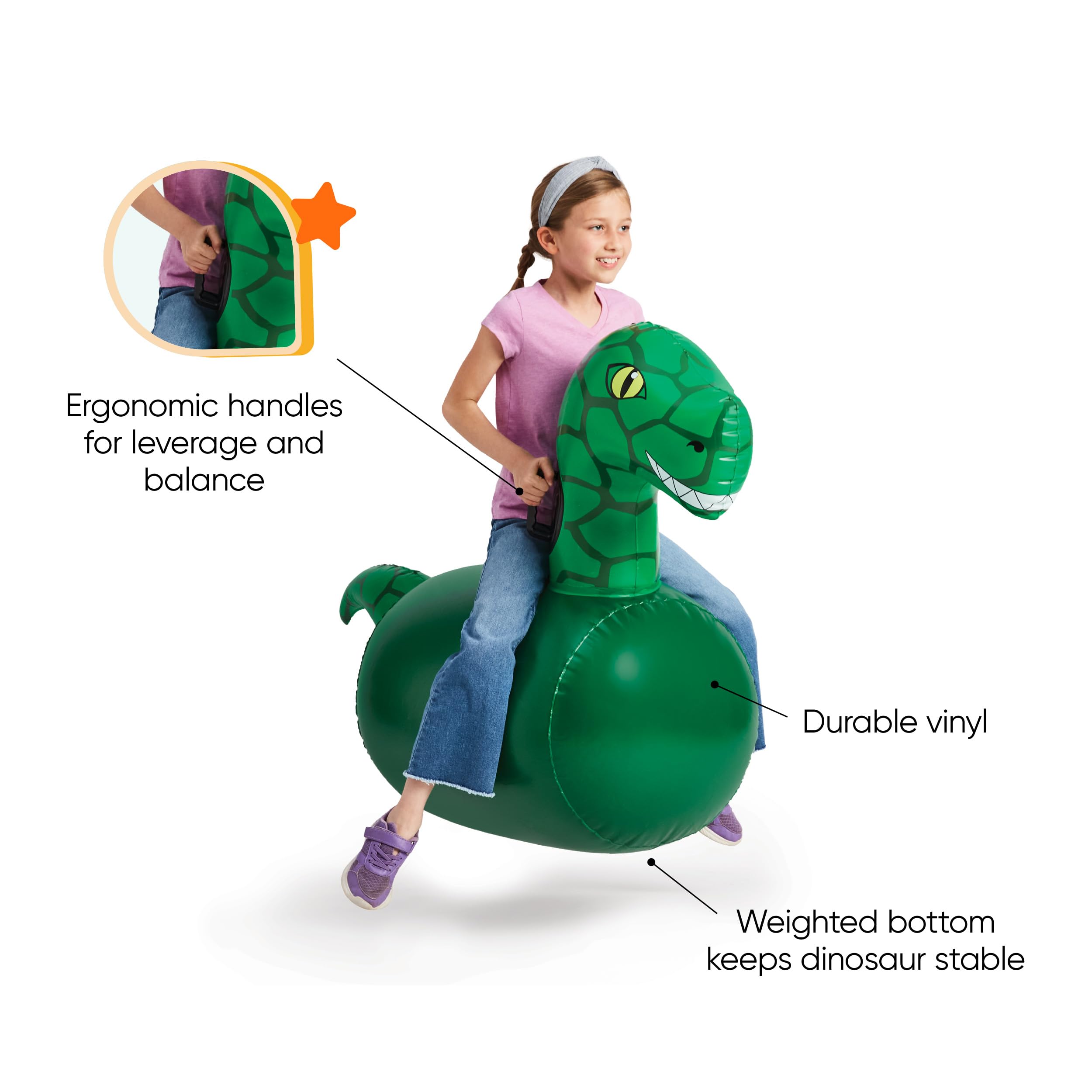 **Hearthsong Hop N Go Inflatable Dinosaur Ride-On Bouncer for Kids Ages 5+ - Outdoor Jumping Hopper Toy for Backyard Play, Birthday Parties & Active Playtime**