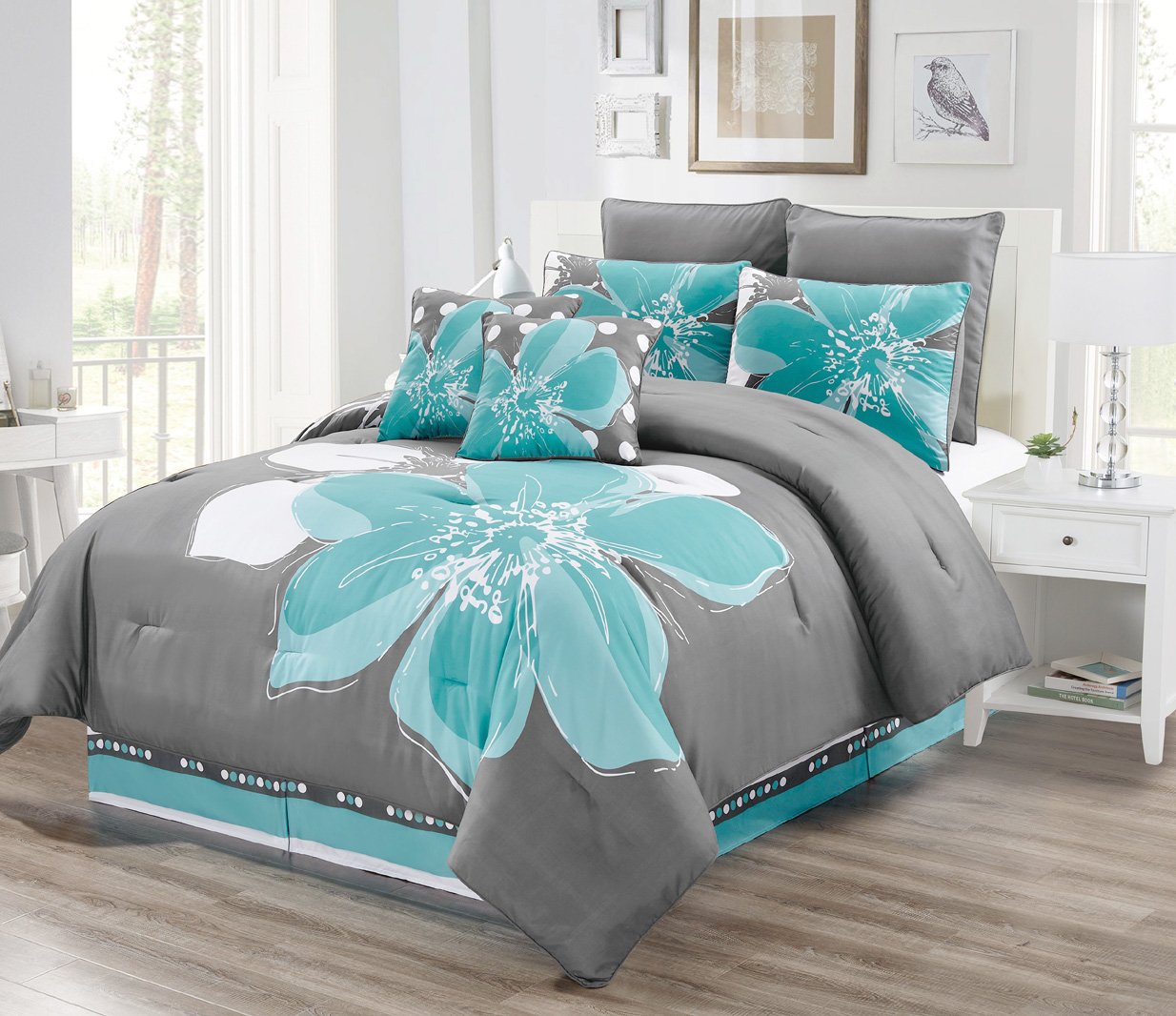 8-Piece Aqua Blue, Grey & White Floral Comforter Set - King Size Bedding Set with Decorative Pillows | Soft Luxury Bedroom Decor for Master Bedroom, Guest Room & Dorm