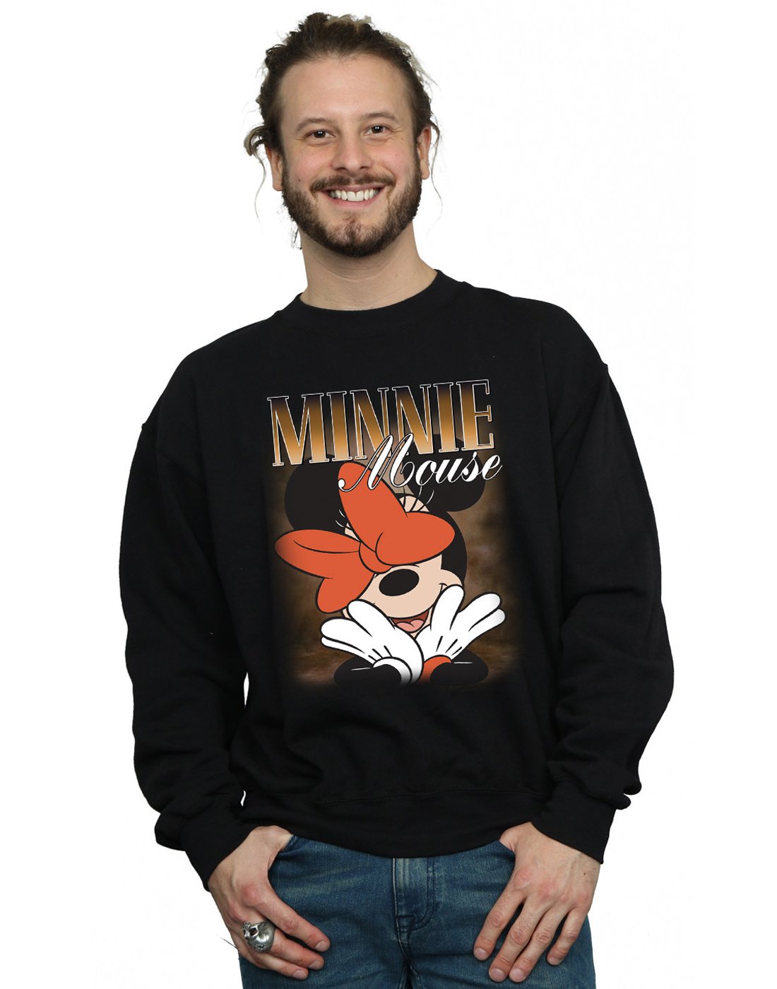 Disney Men's Minnie Mouse Bow Print Sweatshirt - Black, Small Size | Casual Wear, Gift for Disney Fans, Theme Park Outfit