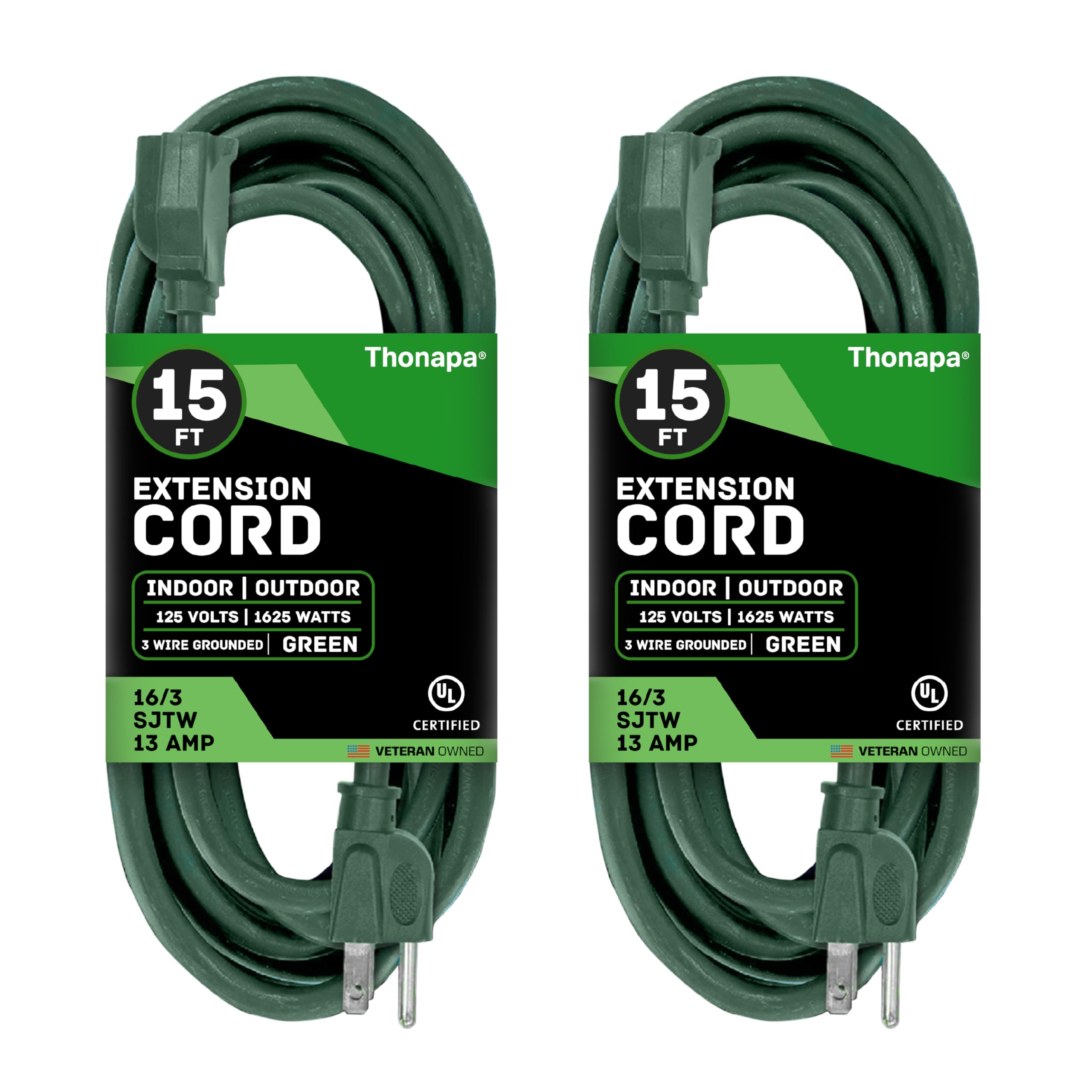 **15 ft Weatherproof Green Extension Cord (2 Pack) - 16/3 SJTW Water Resistant Outdoor Power Cable, 13 AMP, 3 Prong - Perfect for Outdoor Lights, Landscaping, Holiday Decorations & Power Tools**