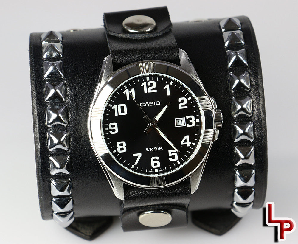 3 Inch Pyramid Studded Leather Watch Cuff for Women - Black Gothic Punk Style Wristband for Fashion Accessories, Outfits and Costume Jewelry