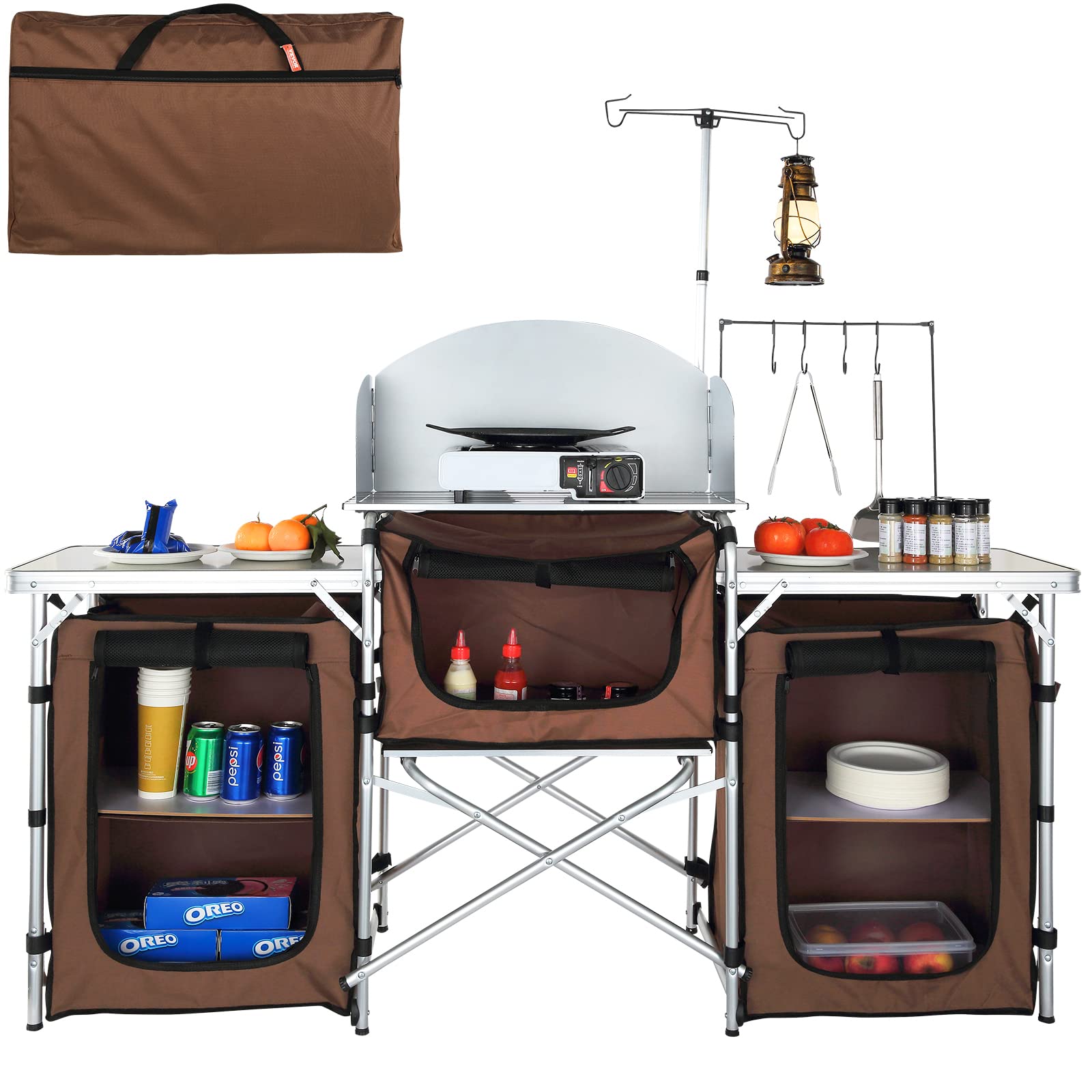 VBENLEM Portable Aluminum Camping Kitchen Table with Windshield & 3 Storage Cupboards - Foldable Outdoor Cooking Table for Camping, Picnics, Beach Parties & RV Adventures - Quick Setup & Compact Storage (Brown)