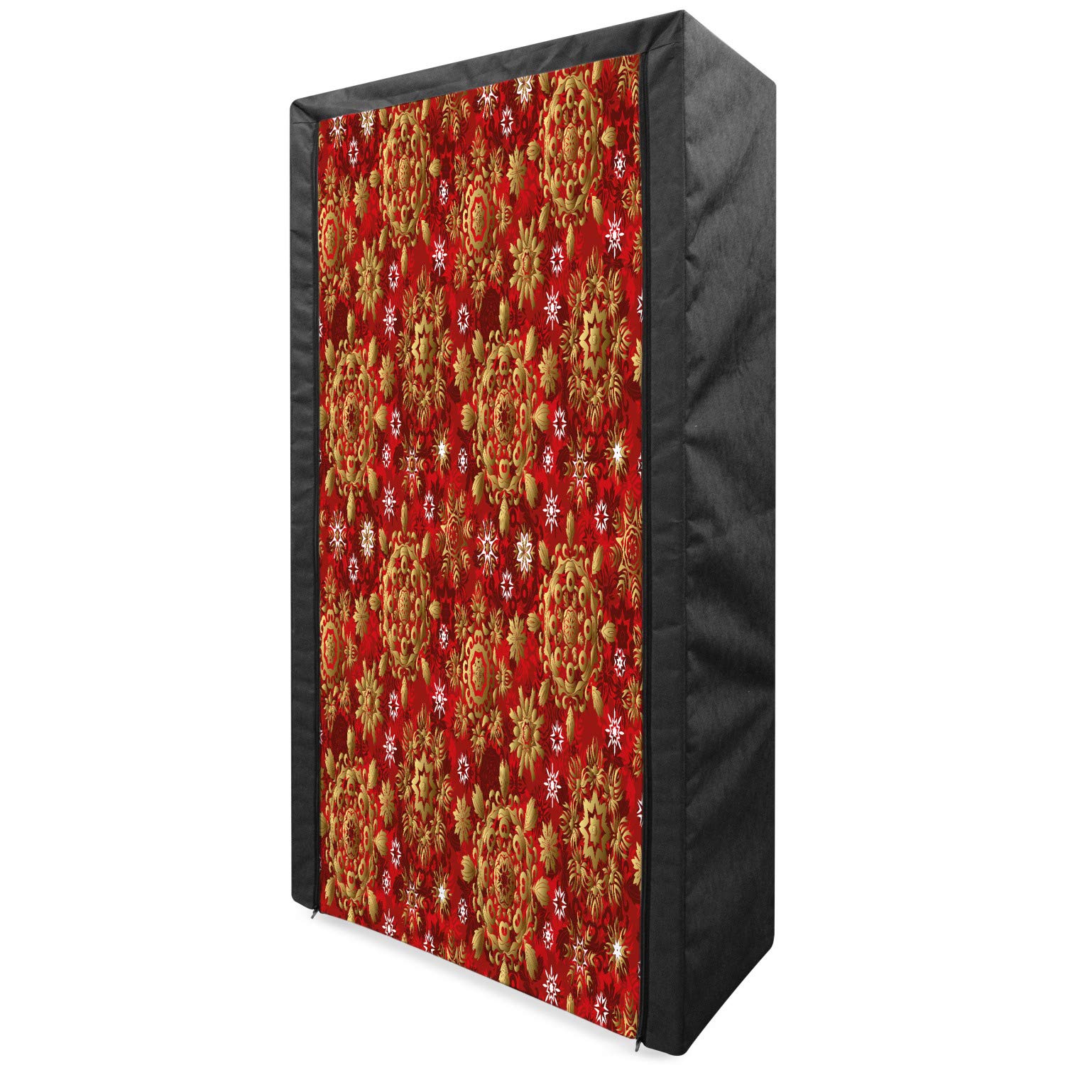 Ambesonne Red Mandala Portable Fabric Wardrobe Closet with Shelves | 33.5 Inch Clothing Organizer & Storage | Earth Yellow Vermilion Floral Design | Perfect for Bedroom, Dorm, Apartment & Travel Use