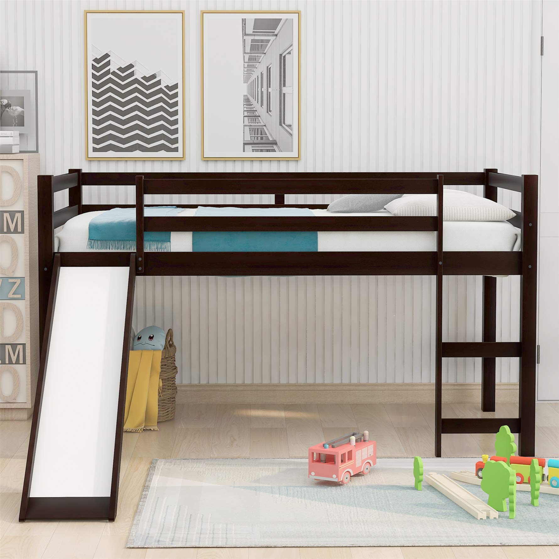 Harper & Bright Designs Twin Loft Bed with Slide - Wooden Low Profile Kids Loft Bed with Built-in Ladder & Safety Guard Rail - No Box Spring Required - Espresso Finish - Perfect for Small Bedrooms, Playrooms & Kids' Sleepovers