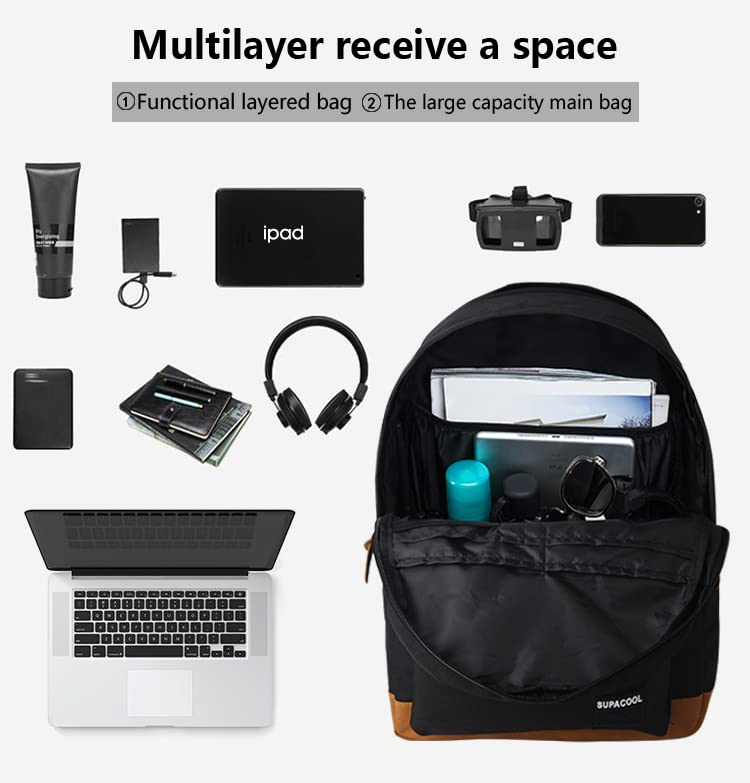 SUPACOOL Lightweight Laptop Backpack with USB Charging Port - Water-Resistant College & Travel Backpack for Men & Women (Black/Brown) - Perfect for Work, School & Daily Commute