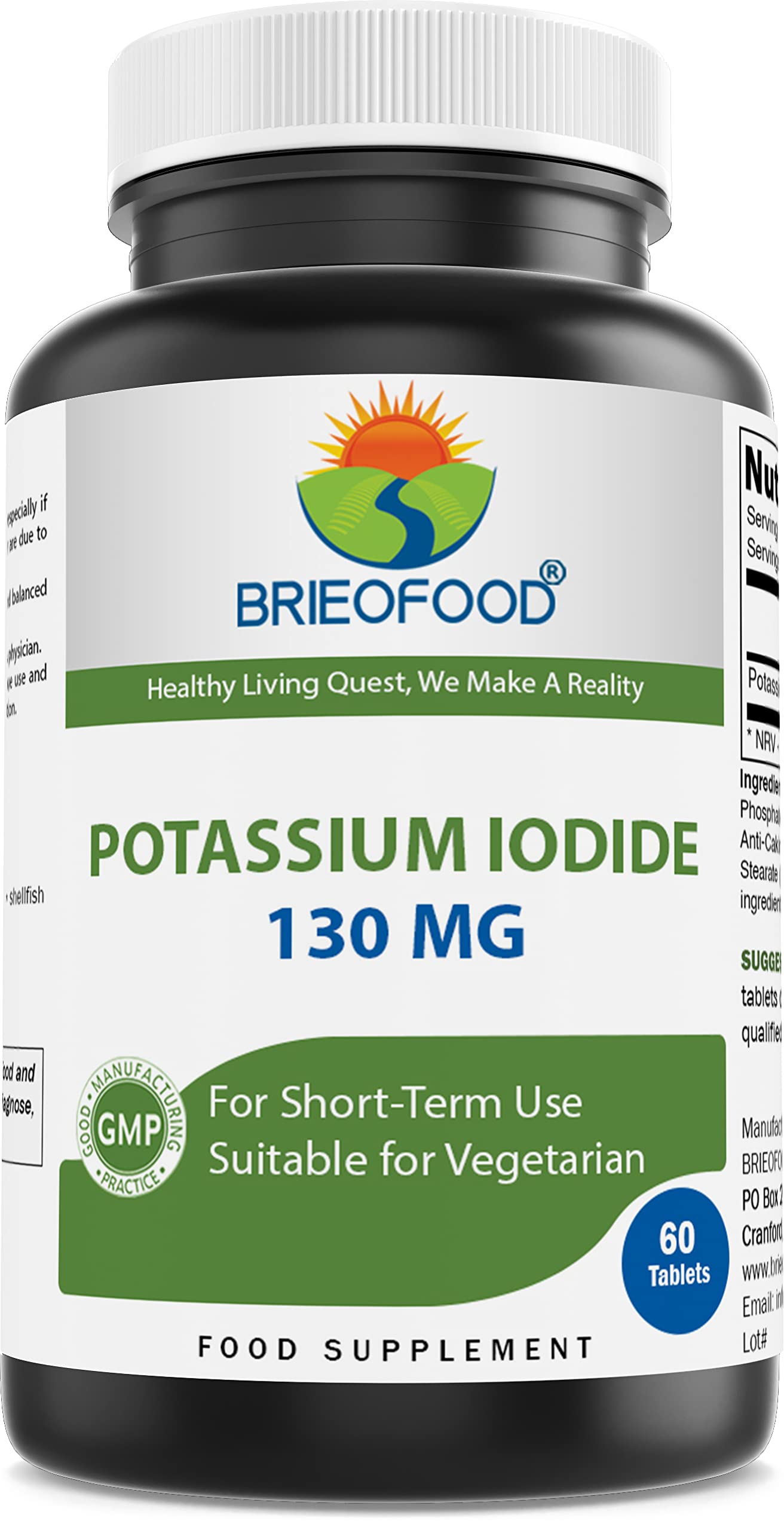 Brieofood Potassium Iodide 130mg (65mg per Tablet) - 60 Tablets for Thyroid Support & Radiation Protection | Emergency Preparedness, Survival Kits & Nuclear Safety