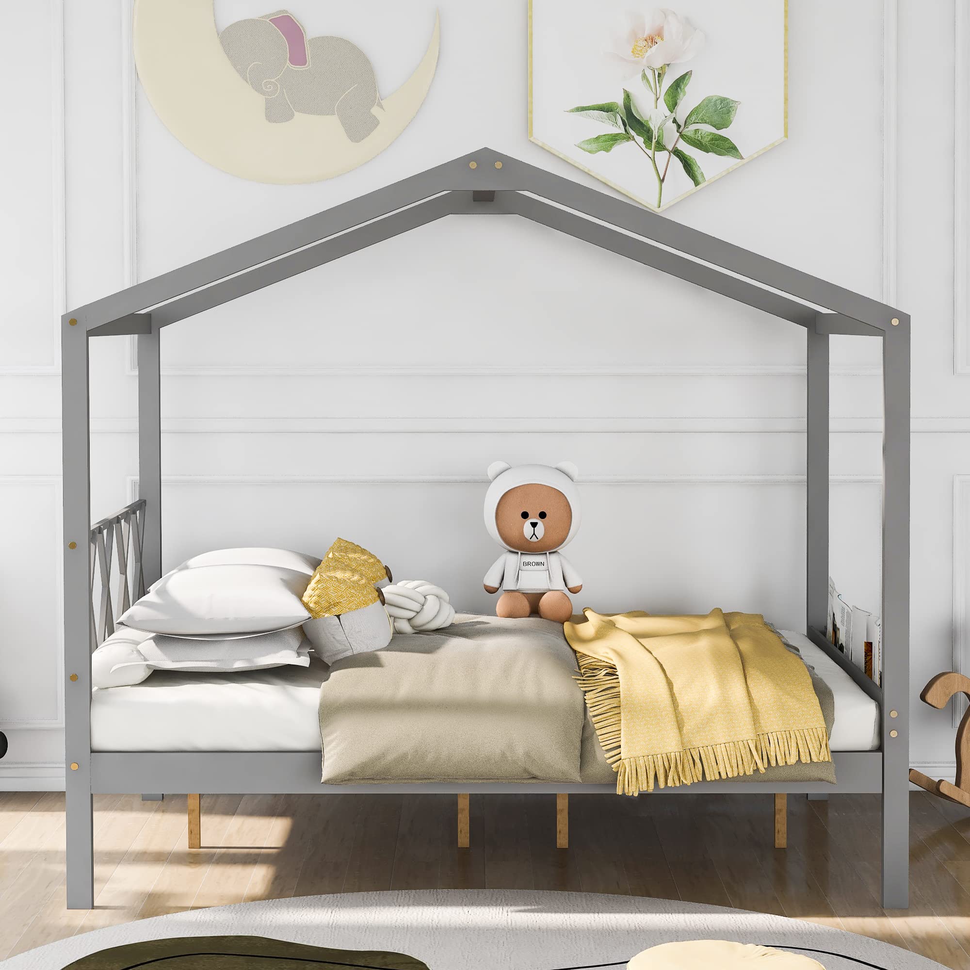 Merax Full Size Wooden House Bed with Storage & Roof - Kids Playhouse Bed for Bedroom, Grey - Perfect for Playrooms, Bedrooms & Imaginative Play