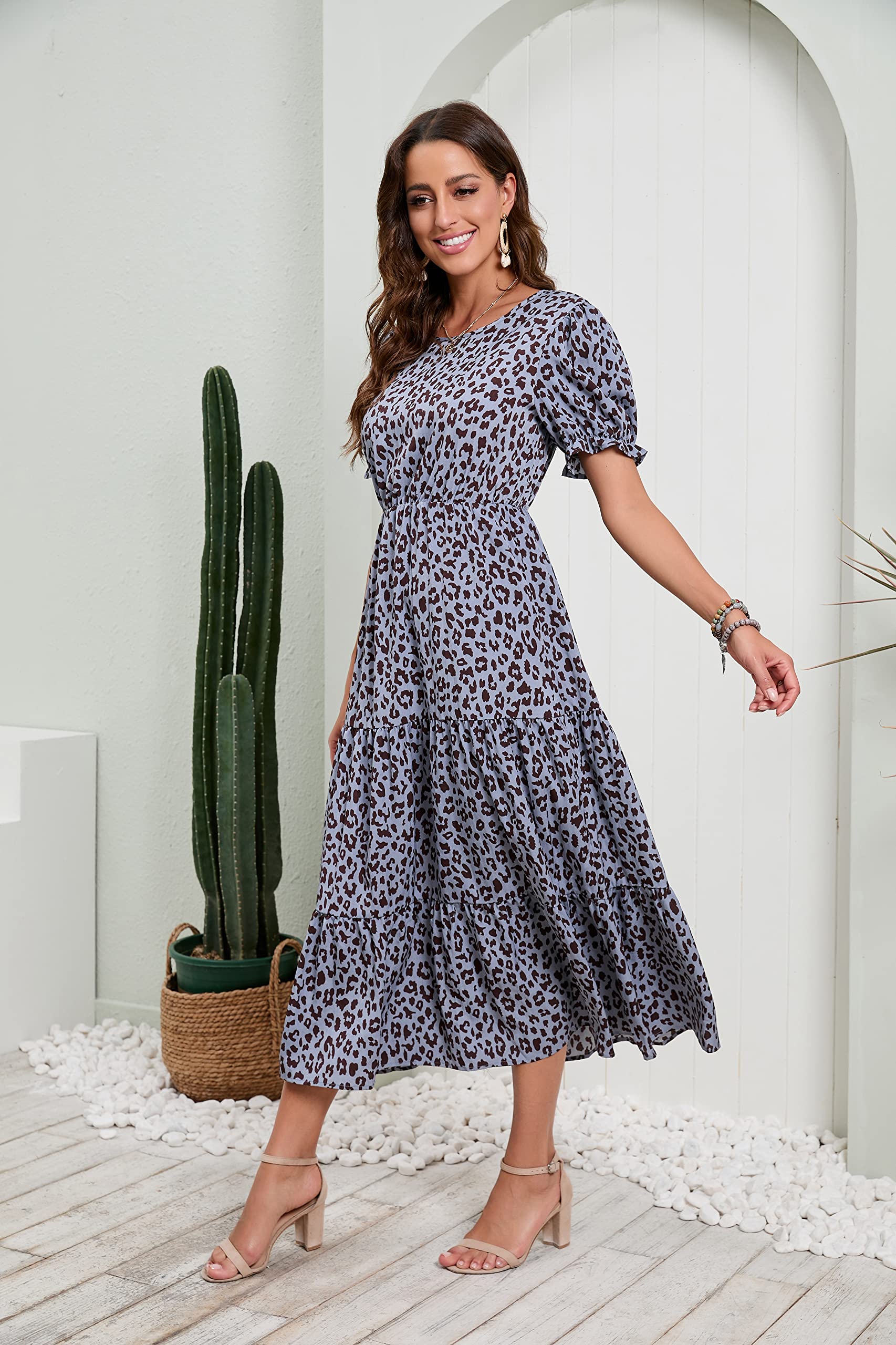 GRECERELLE Women's Boho Floral Midi Dress - Loose Fit Crewneck Ruffle Puff Sleeve High Waist Summer Dress for Casual Wear, Beach Vacation & Date Night Outfits