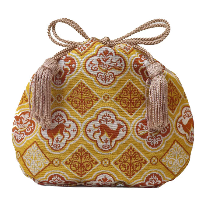 Handmade Kyoto Nishijin Silk Drawstring Pouch - Sacred Dog Medallion Design (Yellow) | Japanese Traditional Craft Purse for Coins, Jewelry & Gifts | Perfect for Festivals, Travel & Special Occasions