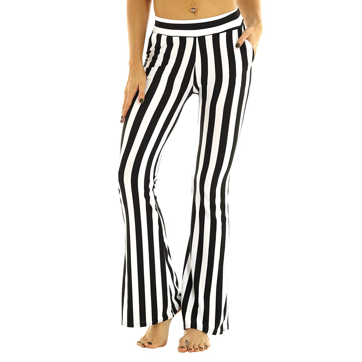 CHICTRY Women's High Waist Wide Leg Pants - Black & White Striped Casual Trousers for Work, Office & Everyday Wear | Comfortable Stretch Fabric