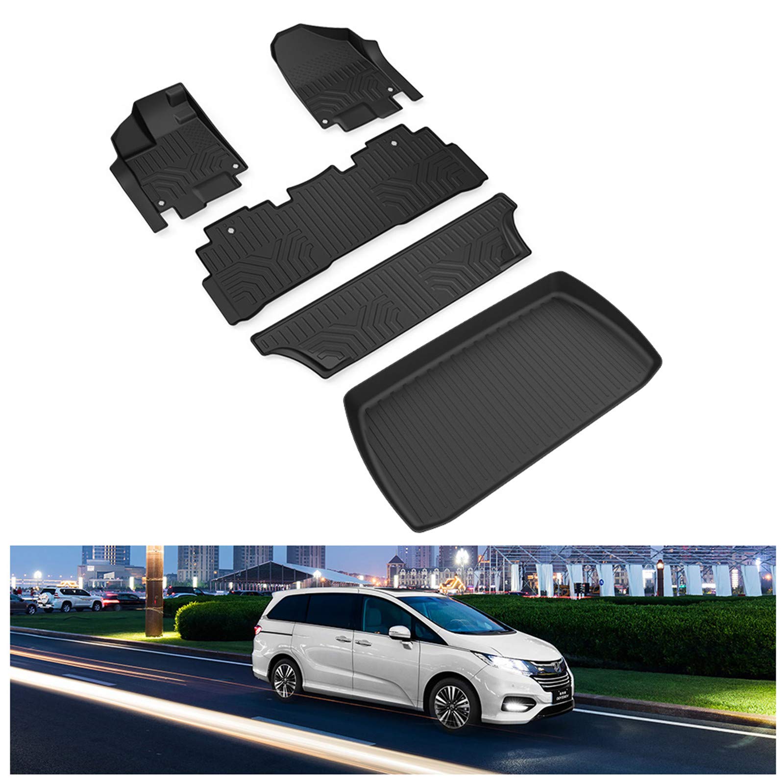 **KIWI MASTER All-Weather Floor Mats & Trunk Liner Set for 2018-2023 Honda Odyssey - TPE Slush Mats for Front, 2nd & 3rd Row Seats + Cargo Tray - Black - Perfect for Rain, Snow & Mud Protection**