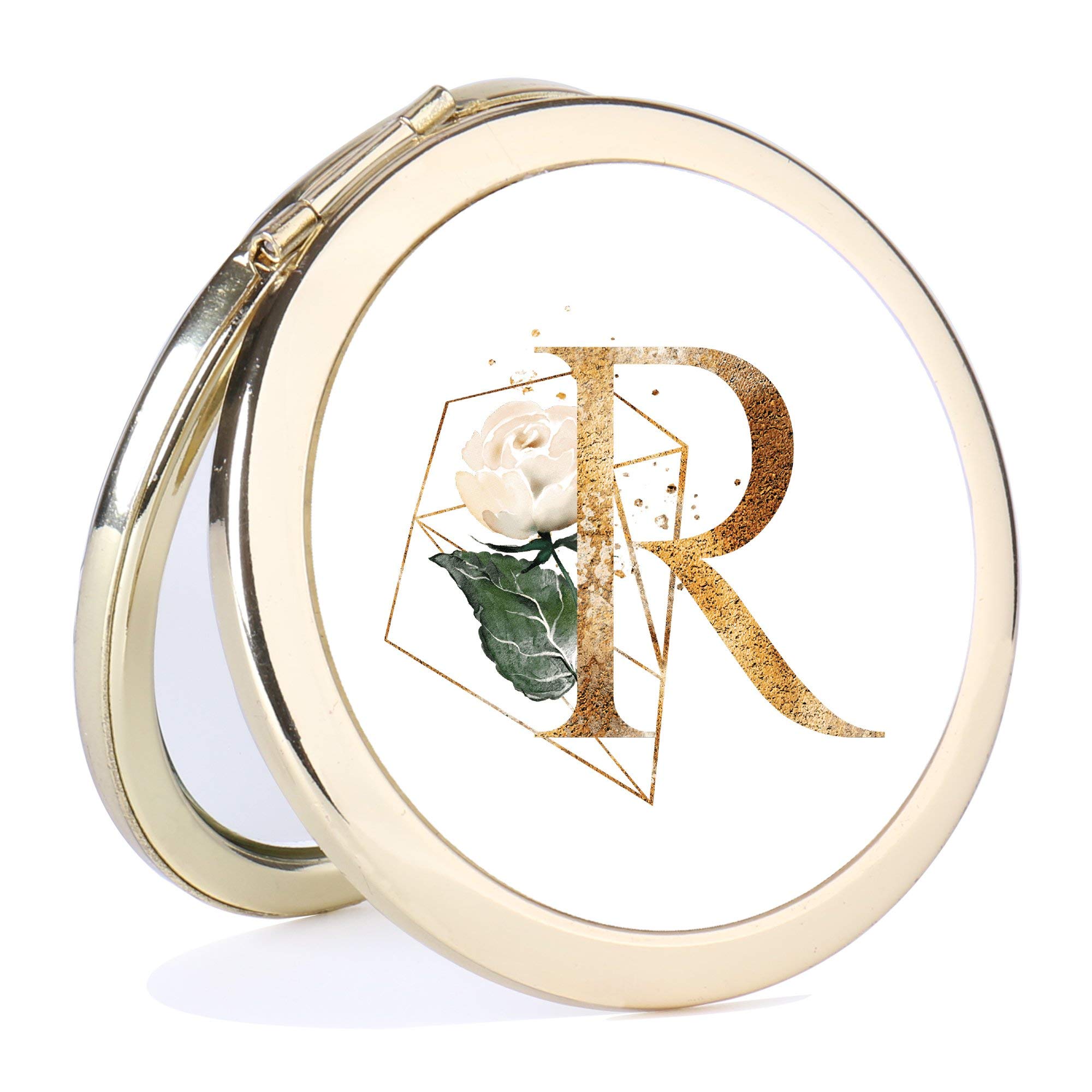 Personalized Monogram Compact Mirror - Gold Pocket Mirror with Initial (Letter R) - Perfect Bridesmaid Gift, Bachelorette Party Favors & Travel Makeup Essential
