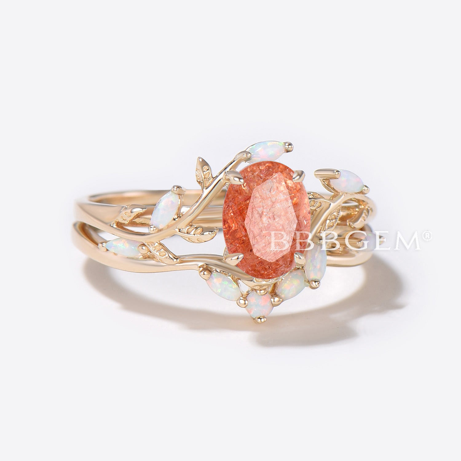1.5ct Oval Sunstone Engagement Ring - 14K Gold Leaf Vine Design with Opal Accents - Elegant Wedding Band for Women - Perfect for Proposals, Anniversaries & Special Occasions