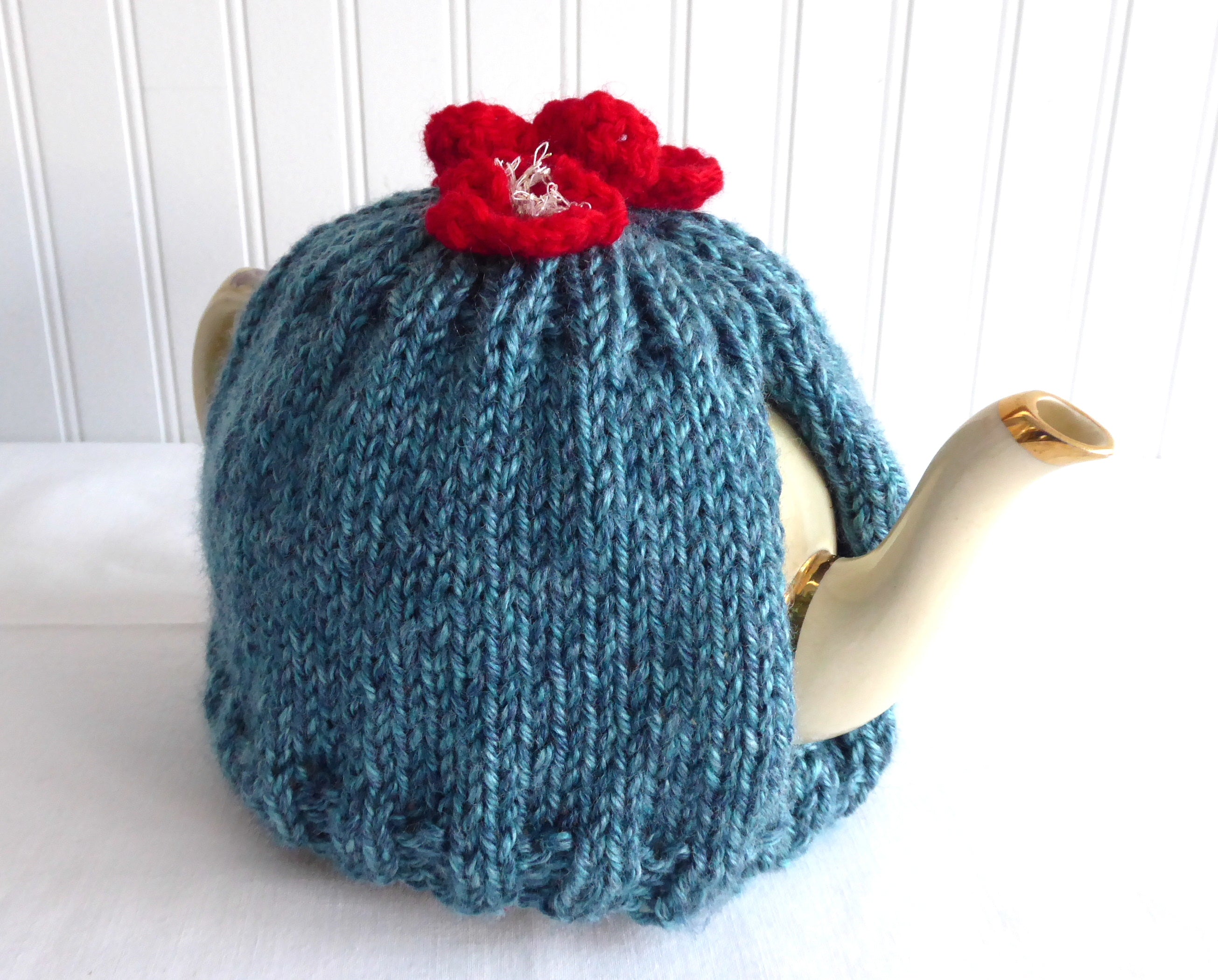 Hand Knitted Medium Stretchy Tea Cozy - Applied Flowers Teal Heather - US Artisan Made - Perfect for English Tea Parties & Cozy Afternoons