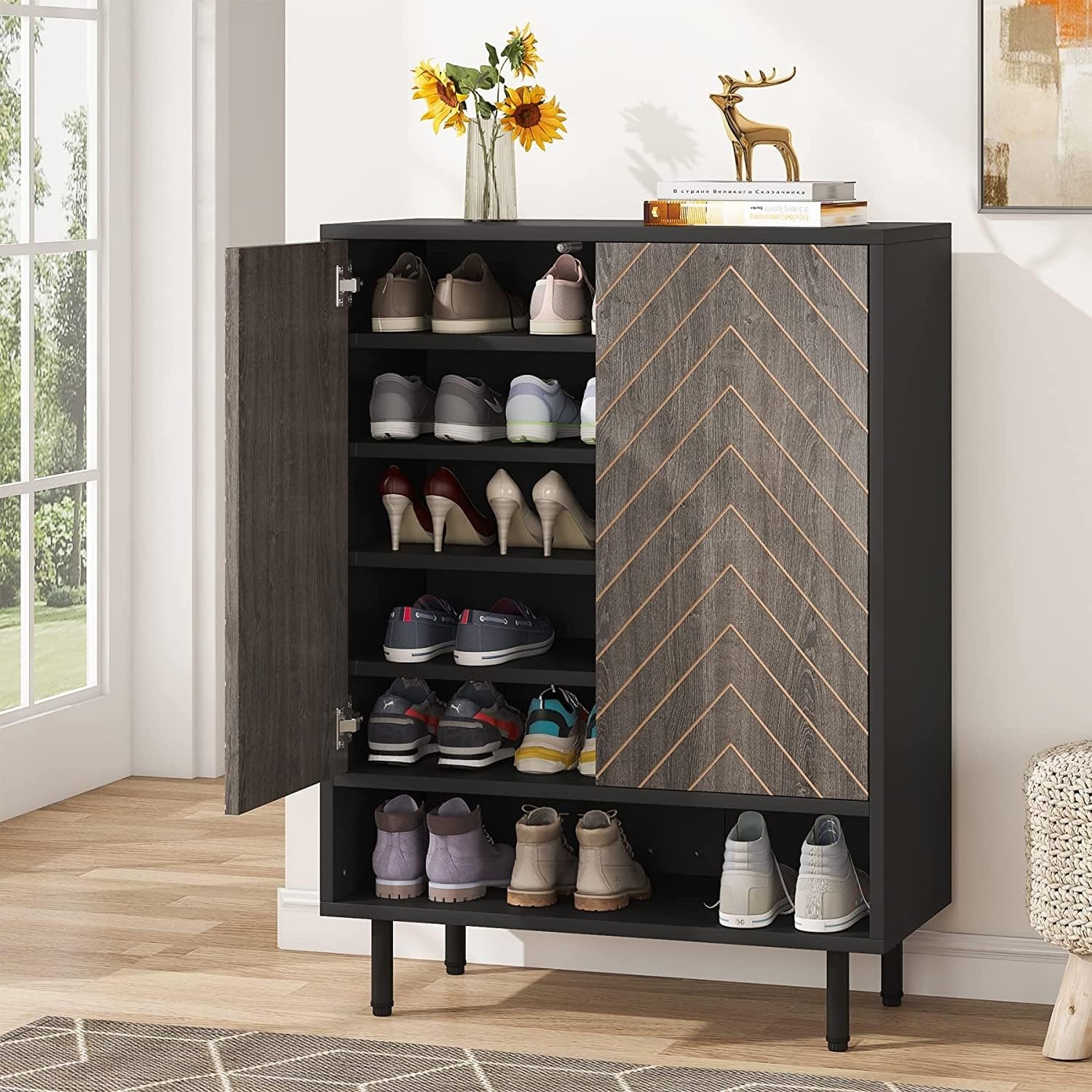 Modern 18 Pair Shoe Storage Cabinet with Door - White | Space-Saving Shoe Organizer for Entryway, Closet & Bedroom