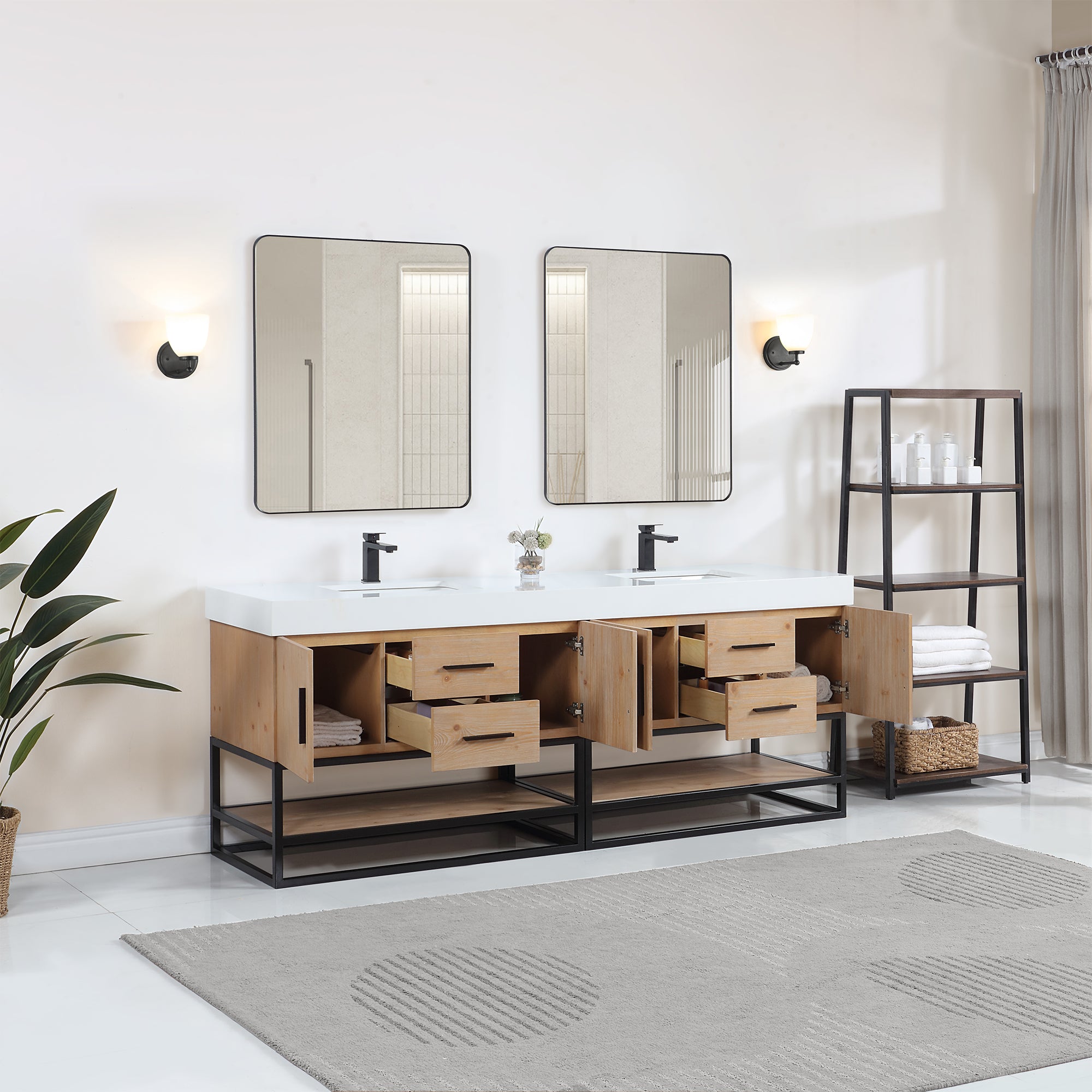 Bianco Double Bathroom Vanity - Light Brown with White Composite Stone Countertop | Modern Bathroom Furniture for Master Bath & Guest Bath | Perfect for Home Renovation & Spa-Style Retreats